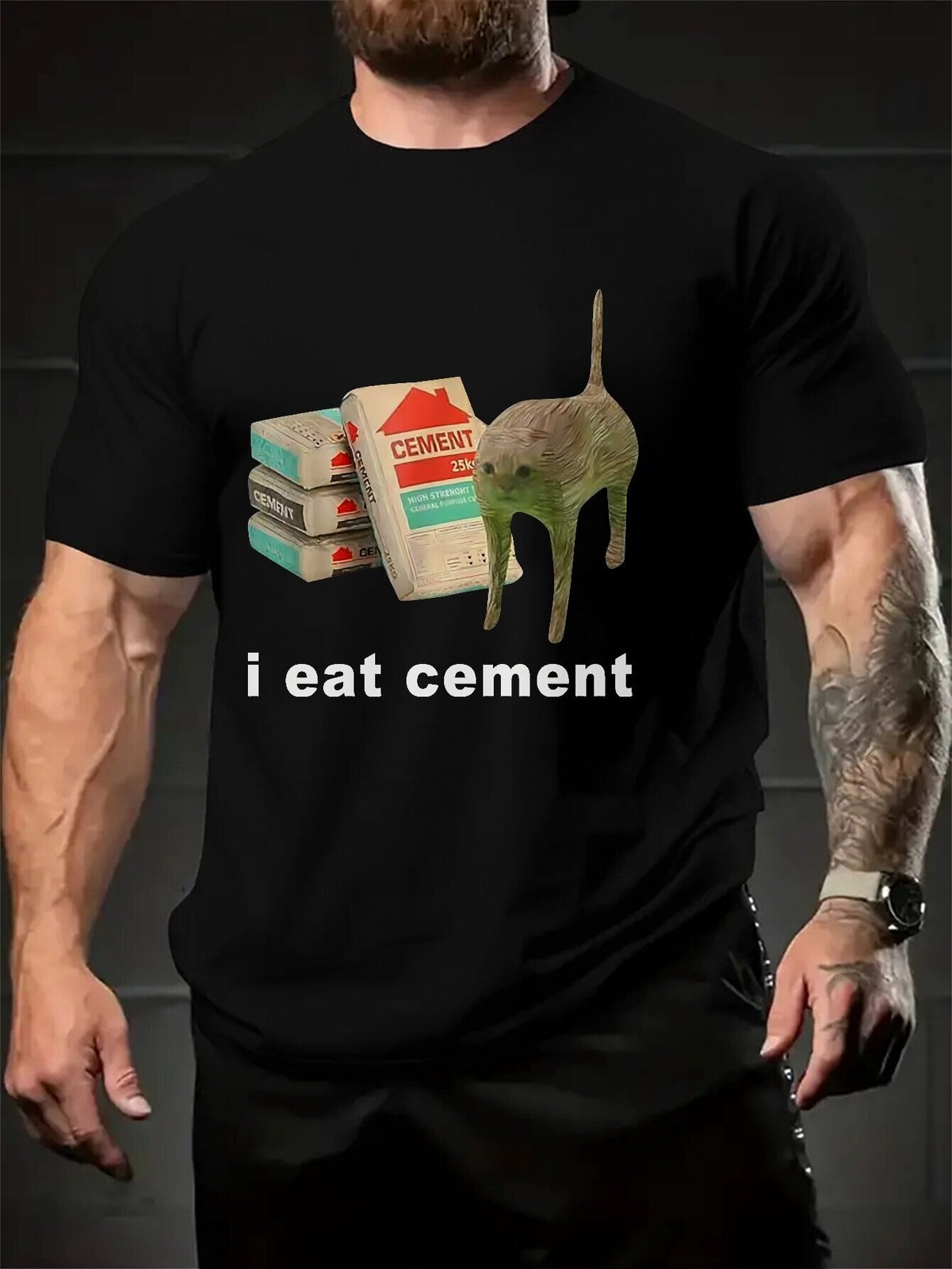 I Eat Cement Funny Cat Meme Shirt Mens Graphic Humor Black T-Shirt