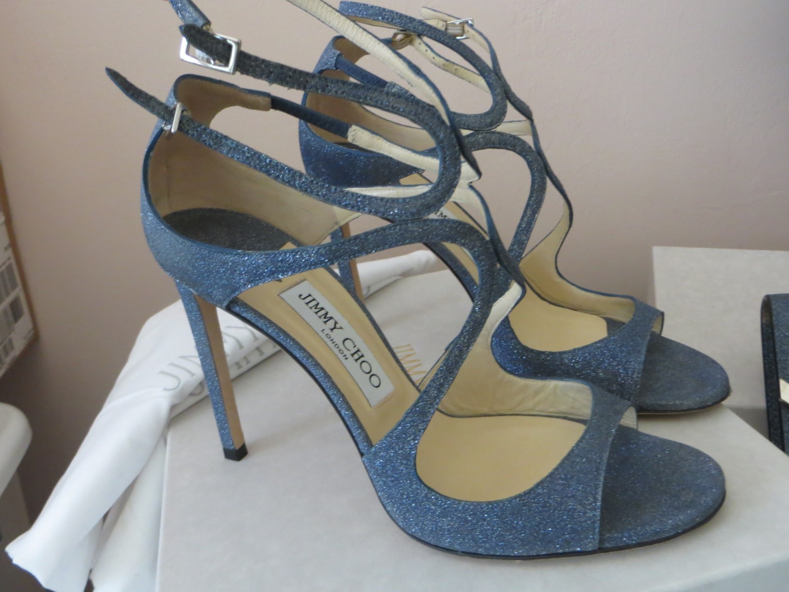 Pre-Owned Jimmy Choo Blue Fine Glitter Strappy Lang Sandal Heels 39M