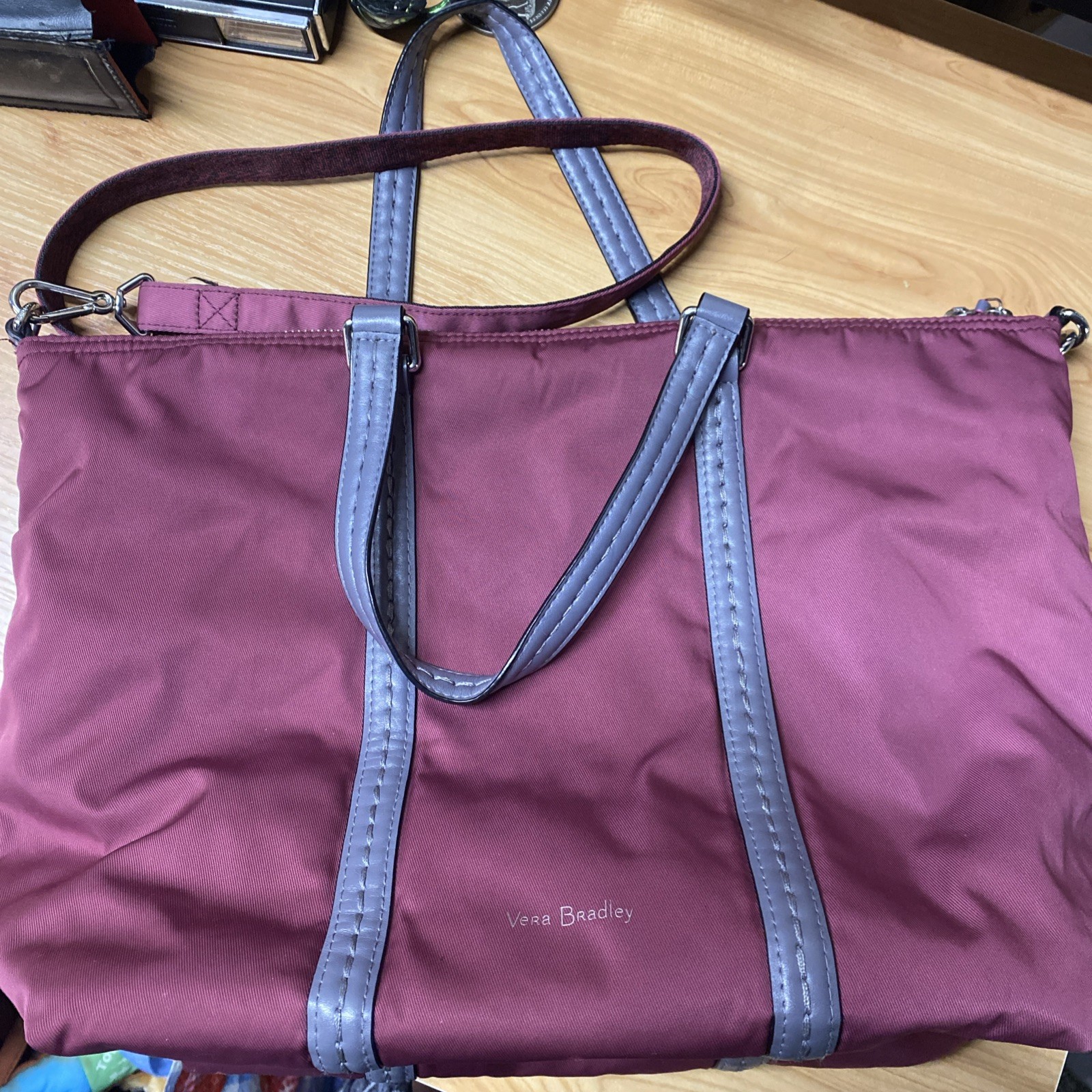 Vera Bradley Maroon Nylon Purse Handbag Crossbody Tote W/Grey Faux Leather Trim