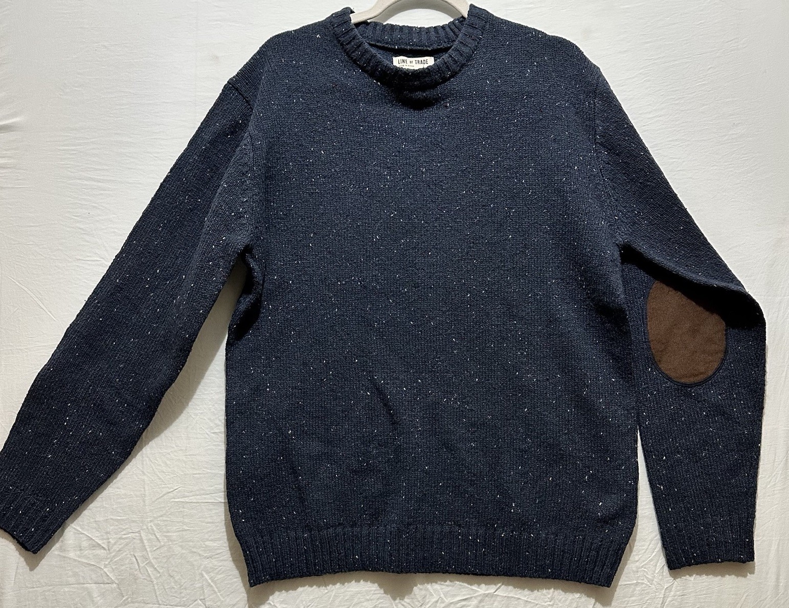 Line Of Trade Wool Blend Blue Speckled Crew Neck Sweater Corduroy Elbow Patches