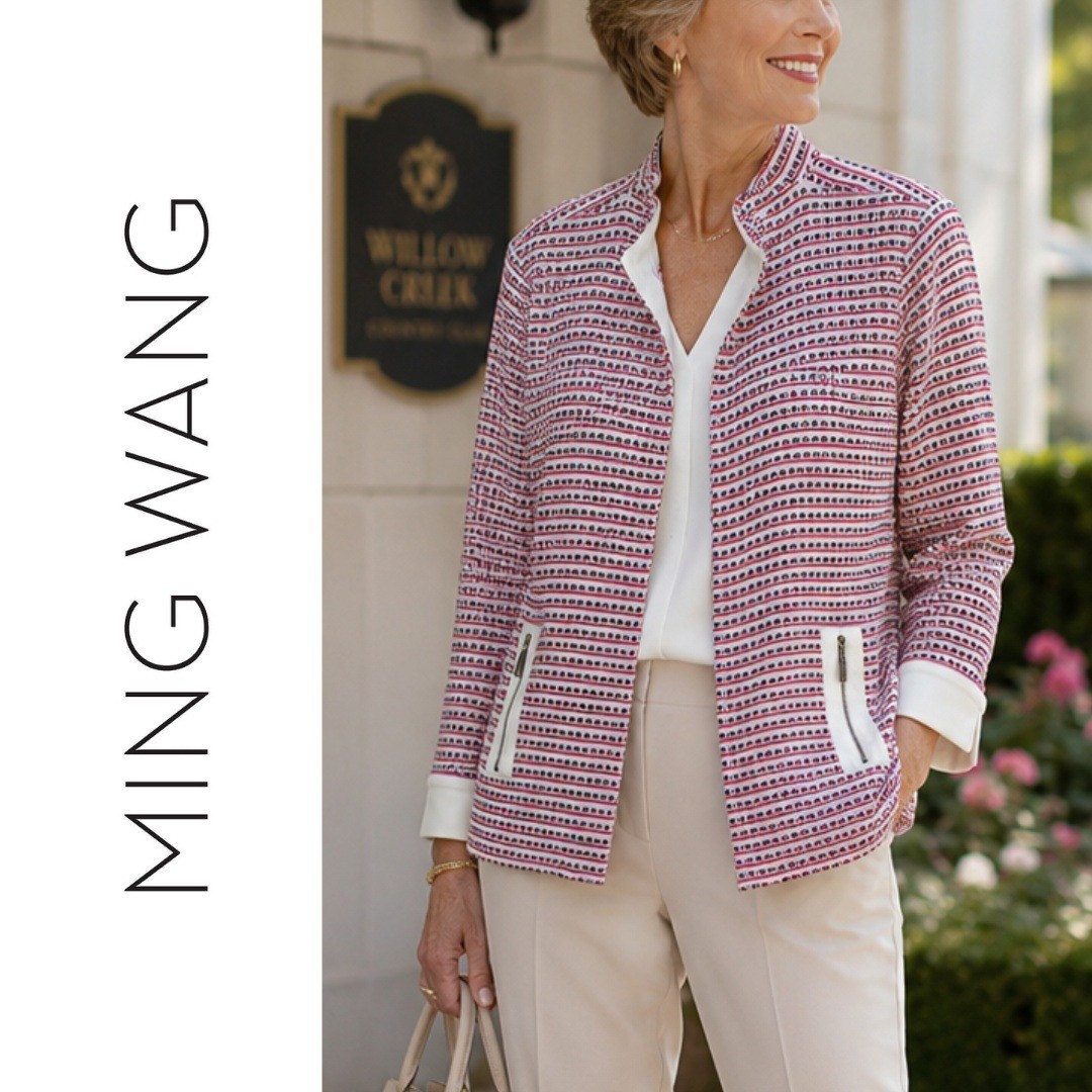 Ming Wang, Petite Large Open Front Pink White Striped Knit Jacket 3/4 Sleeve PL