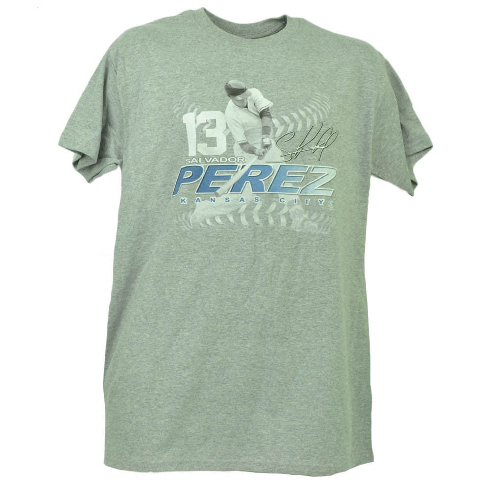Kansas City Royals Salvador Perez 13 Player Signature Gray Tshirt Tee Mens Sport