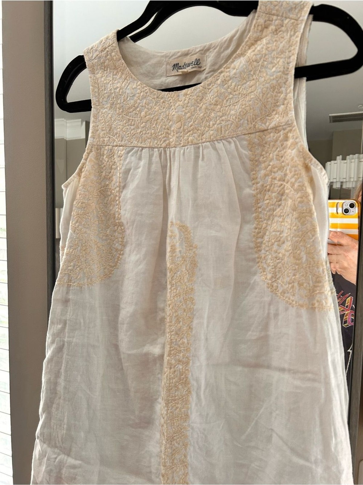 Madewell White 100% Linen Tank Dress with Light Beige Embroidery Accents