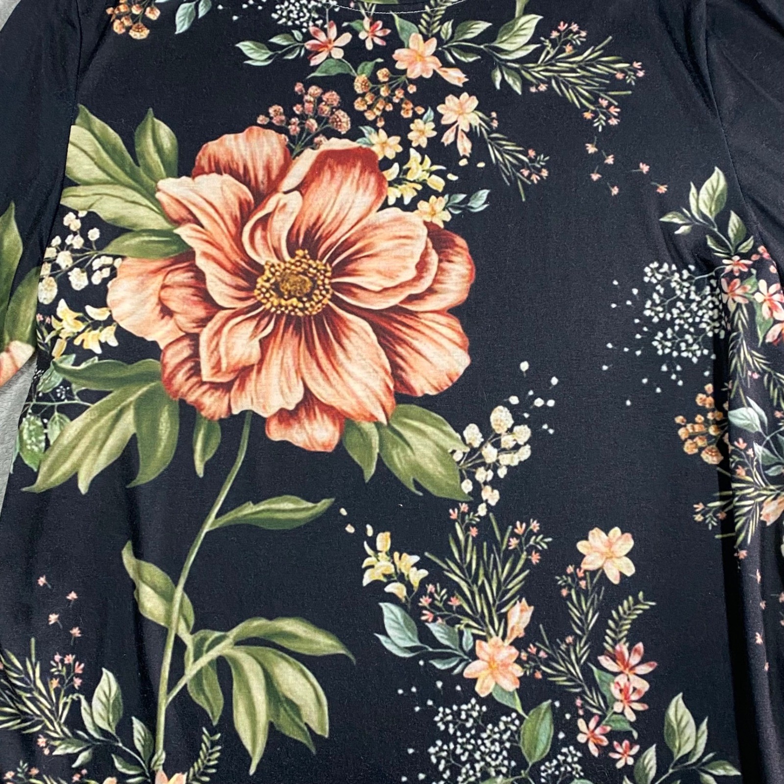 Lightweight Women Black Floral Long Sleeve Botanical Print Crew Neck Top Large