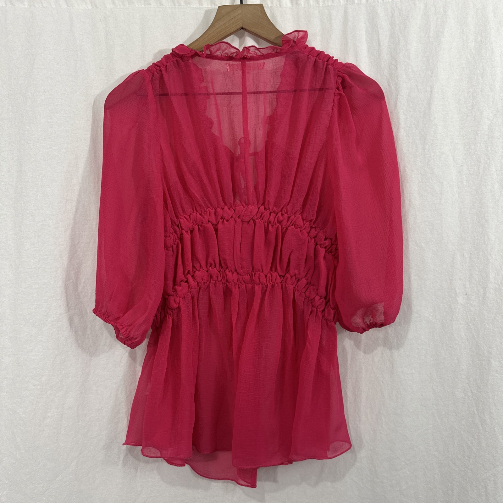 Umgee Hot Pink Sheer Ruffle Coquette Romantic Peasant Top Women’s Sz M