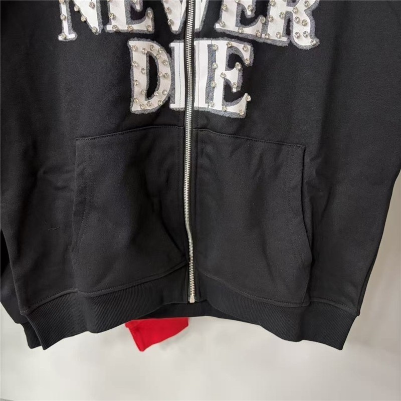 Mixed Emotion – Beaded Letter Print Zippered Hooded Sweatshirt