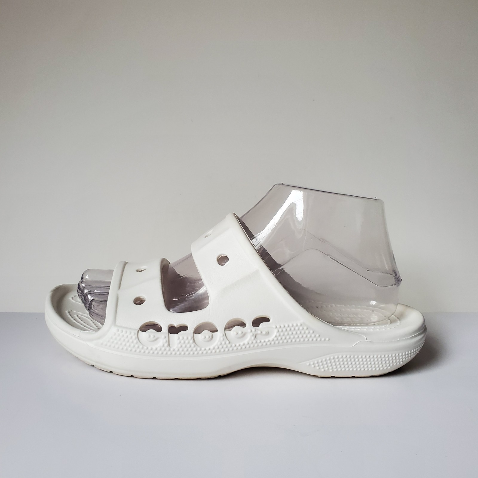 Crocs Baya Slide Sandals Unisex Women 7 Men 5 Spellout Slip-On White Two 2 Strap