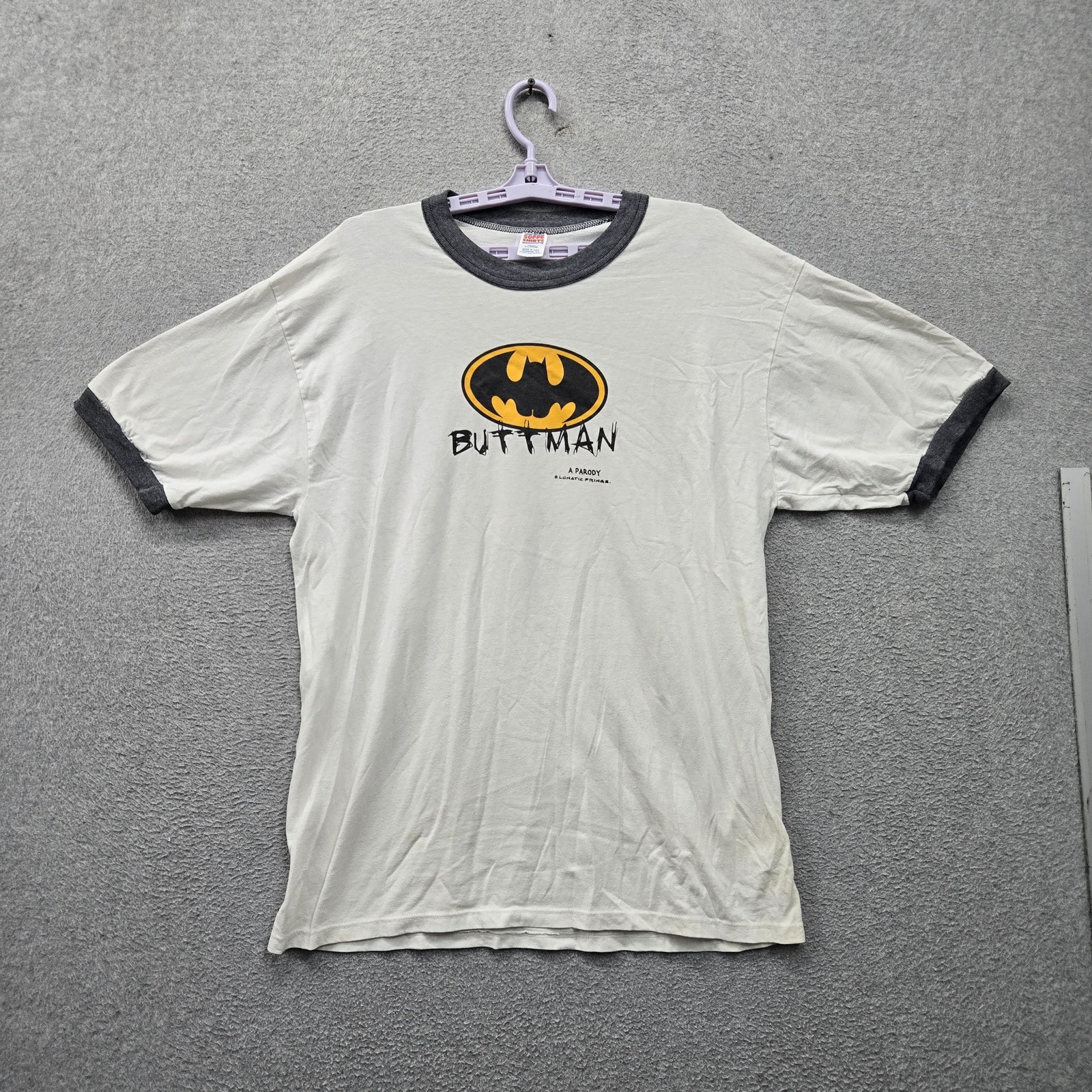 VINTAGE Buttman Shirts Men Shirt XL Ringer 90s USA Made Parody Logo Short Sleeve