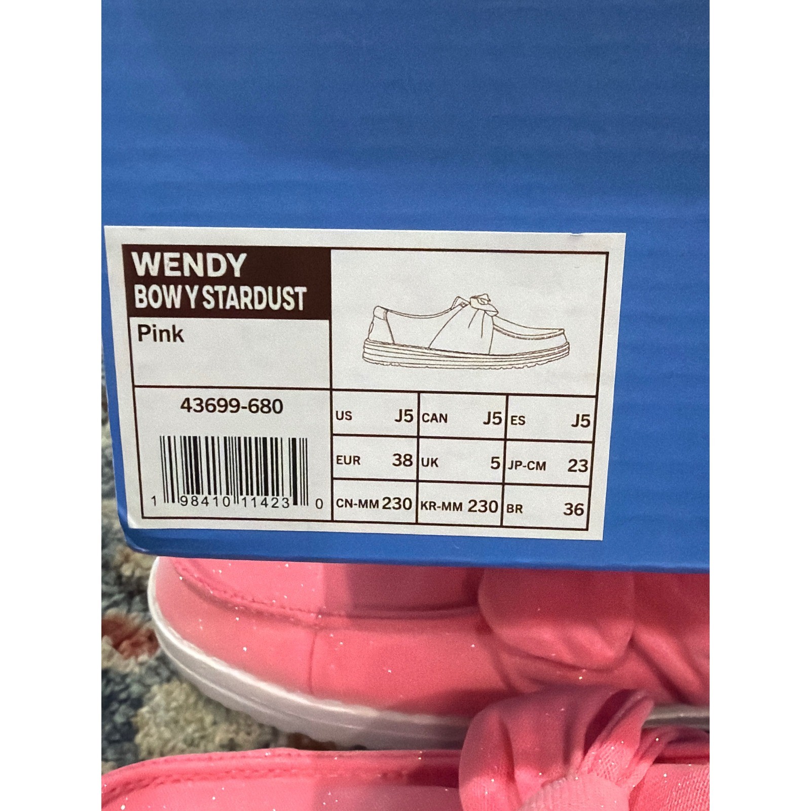 Hey Dude Wendy Bow Stardust Girls Size J5 Pink Glitter Slip On Moccasin NWT