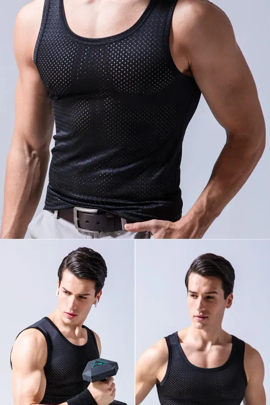 Men’s Ice Silk Mesh Tank Tops Gym Stringer Transparent Bodybuilding