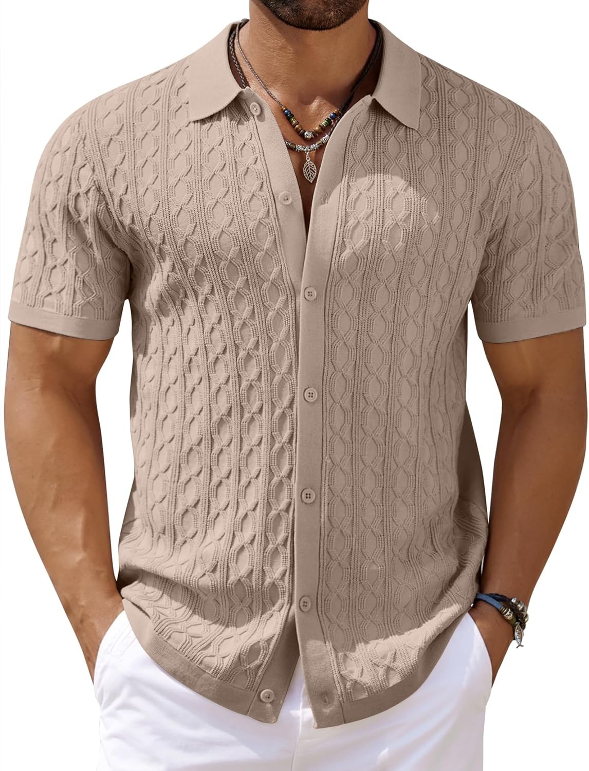 Men’s Knit Short Sleeve Shirts Button Down Vintage Knitted Polo Shirt