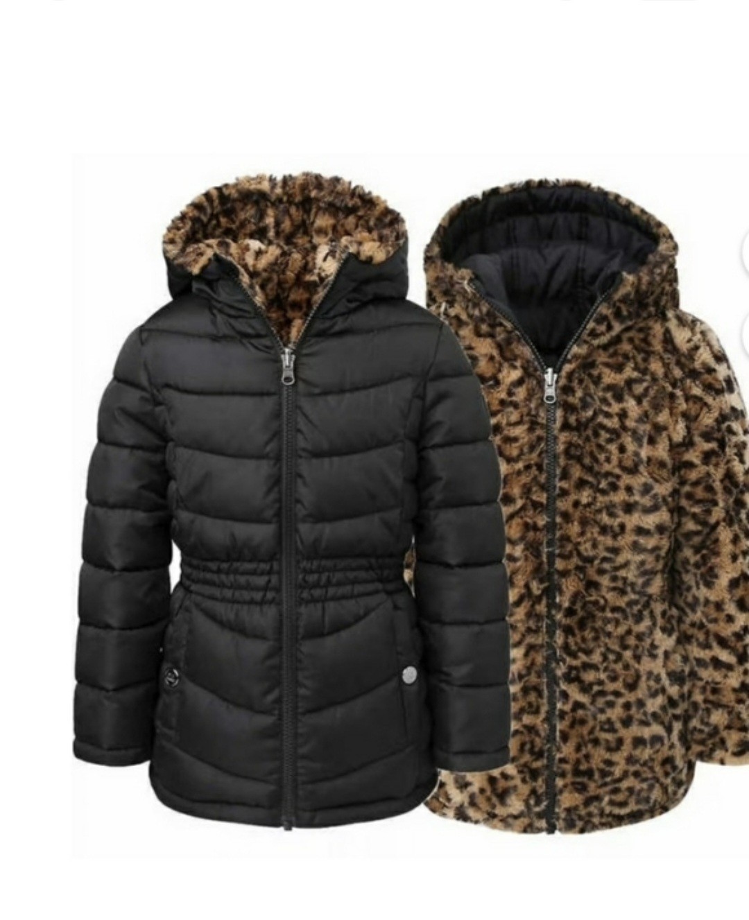Steve Madden Girls XS 5/6 Reversible Hooded Full Zip Puffer Jacket Black/Leopard