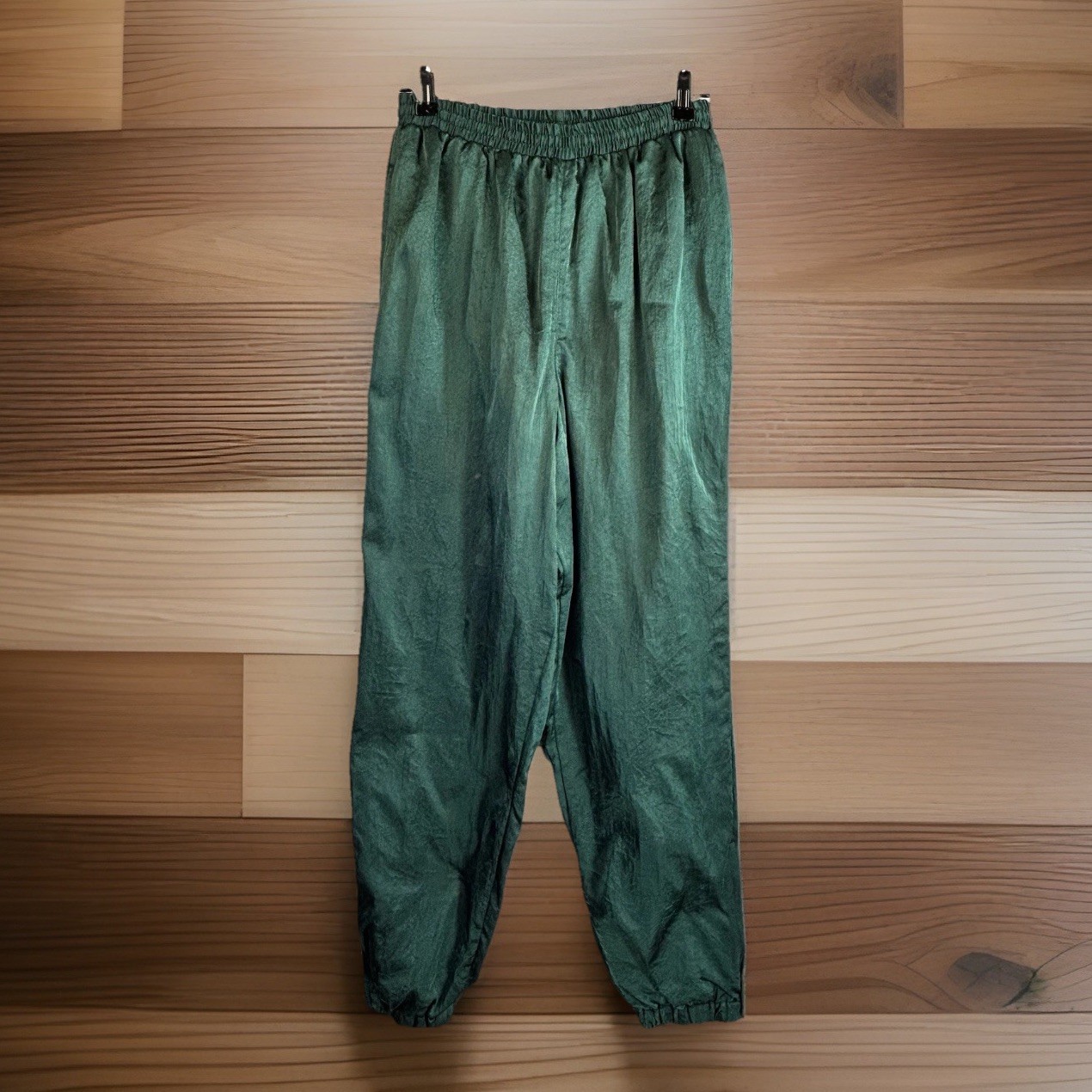 Vintage Parachute Pants M Emerald Green Silky Shiny Lined Barrel Jogger Wide