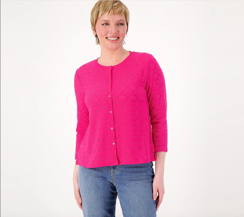 LOGO by Lori Goldstein Hot Pink Eyelet Lace Button-Up Boxy Fit Cardigan Sz 3X