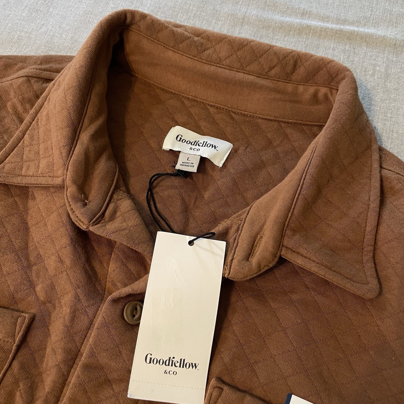 L Goodfellow & Co Quilted Knit Button Down Shirt Jacket Brown Mens LARGE NWT