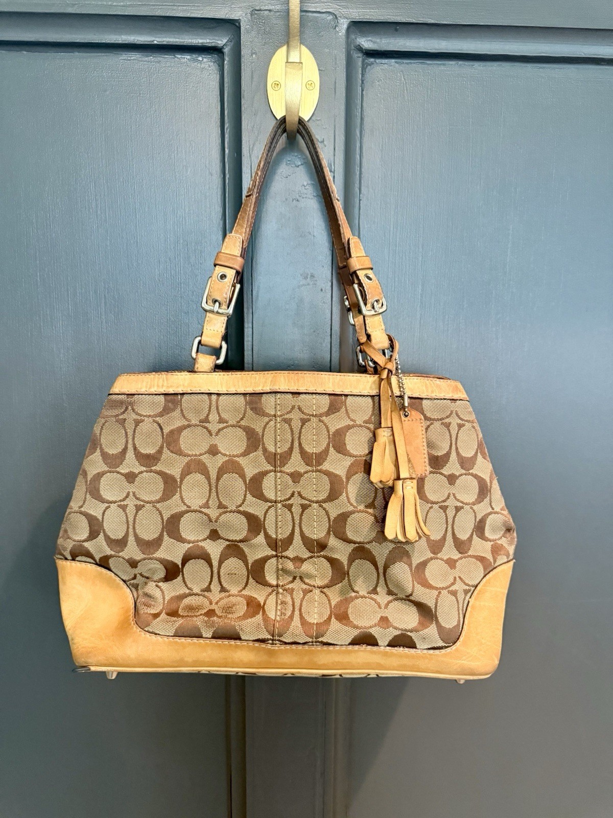 Coach Signature C Satchel/Top Handle Bag | Tan/Brown Zip Tassel Charm Pockets