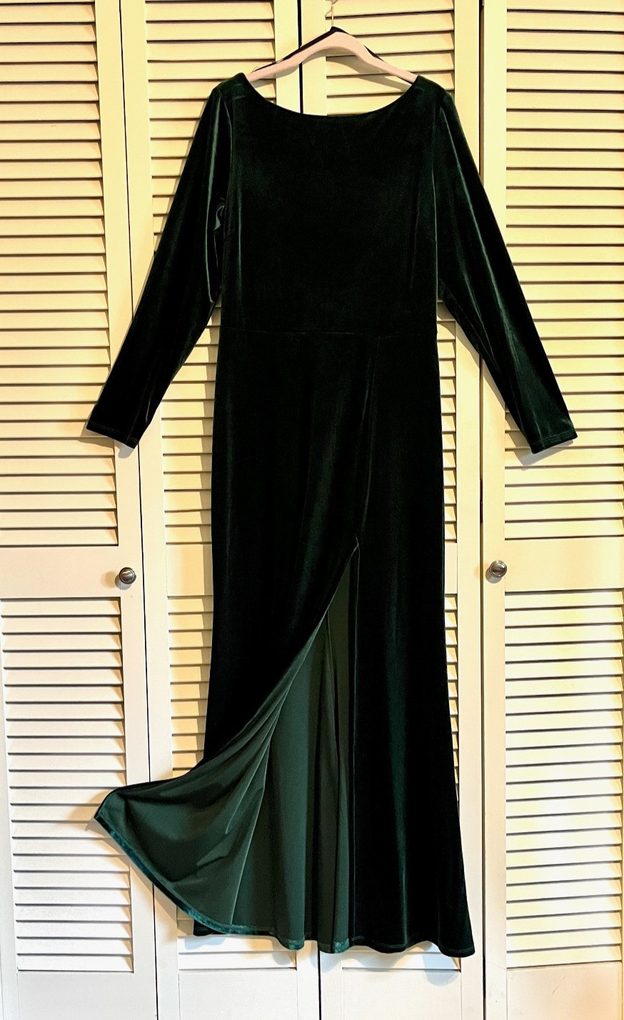 Rebecca B Velvet Long Sleeve Low Cowl Back Maxi Dress Gown * Sz 14 * Deep Green