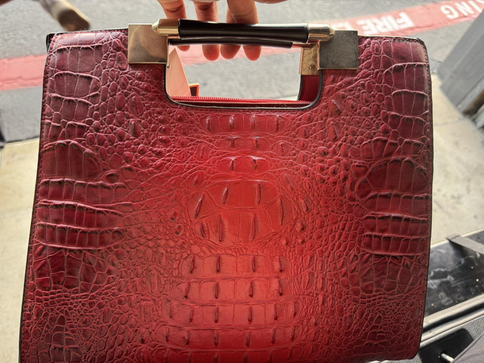 Diophy Red Croc Embossed Satchel Top Handle Zip Closure Inner Pockets Gold