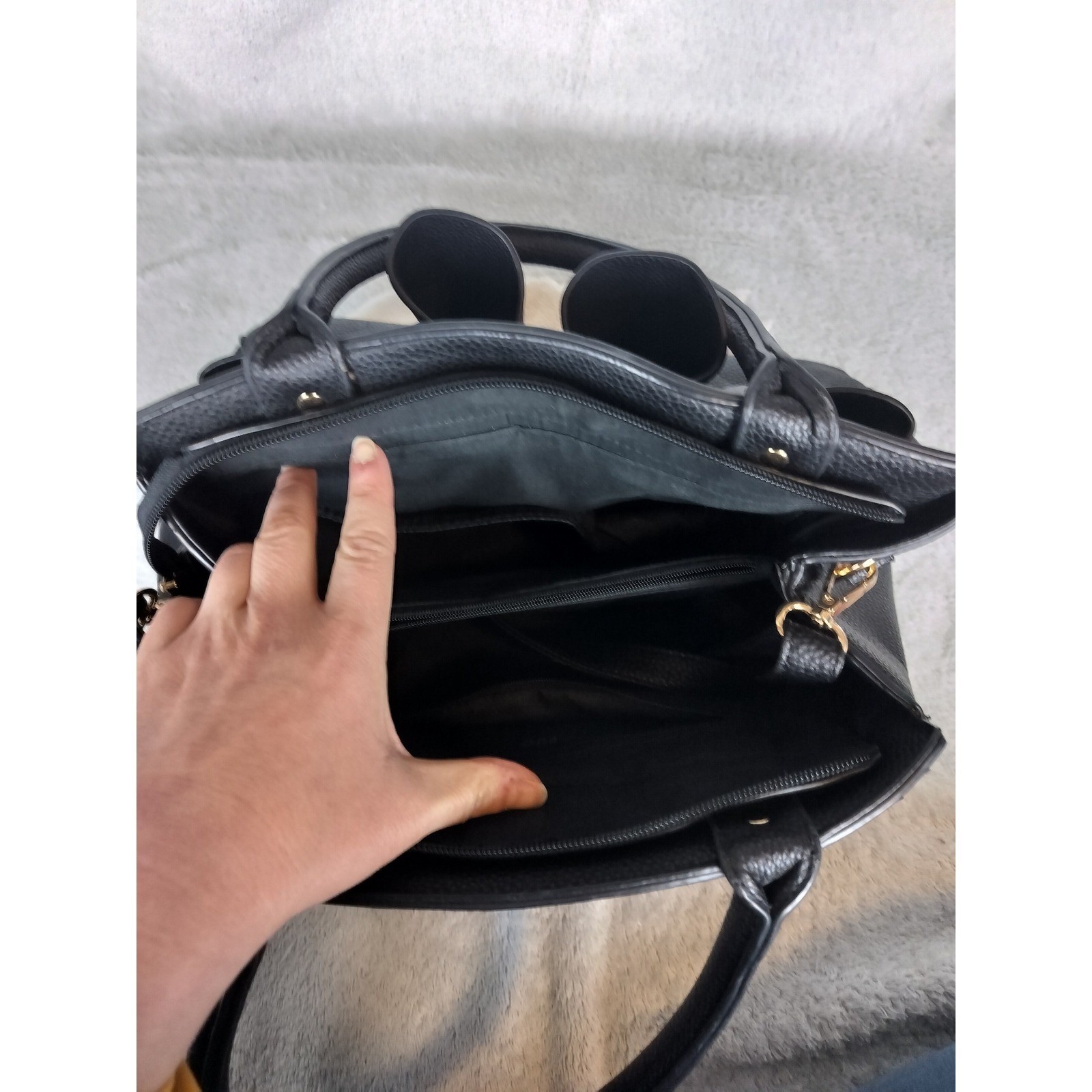 Pebbled Vegan Leather Bow Satchel Handbag Women Medium Black Gold Trim