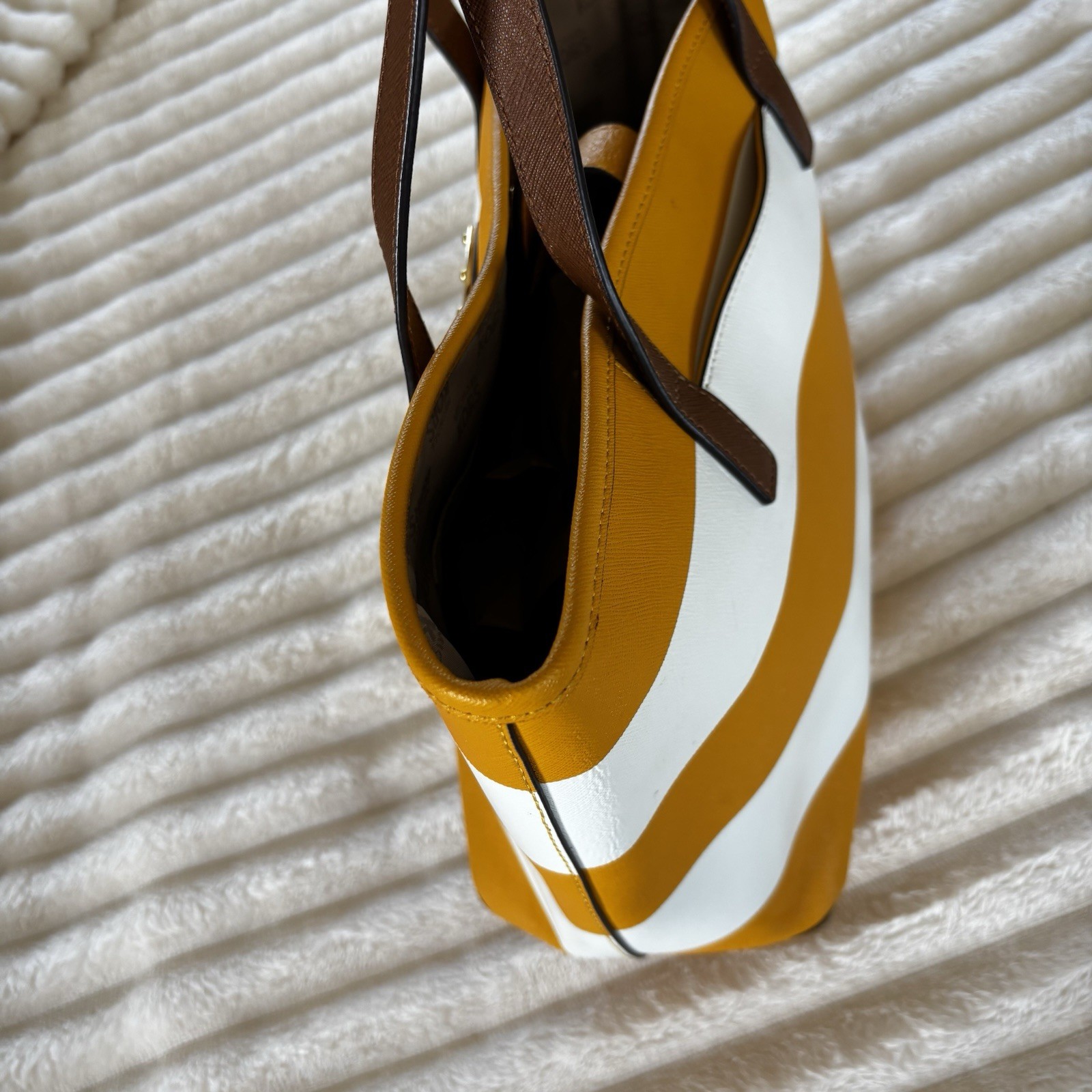 Michael Kors purse, Yellow And White Stripped, With Brown Straps.