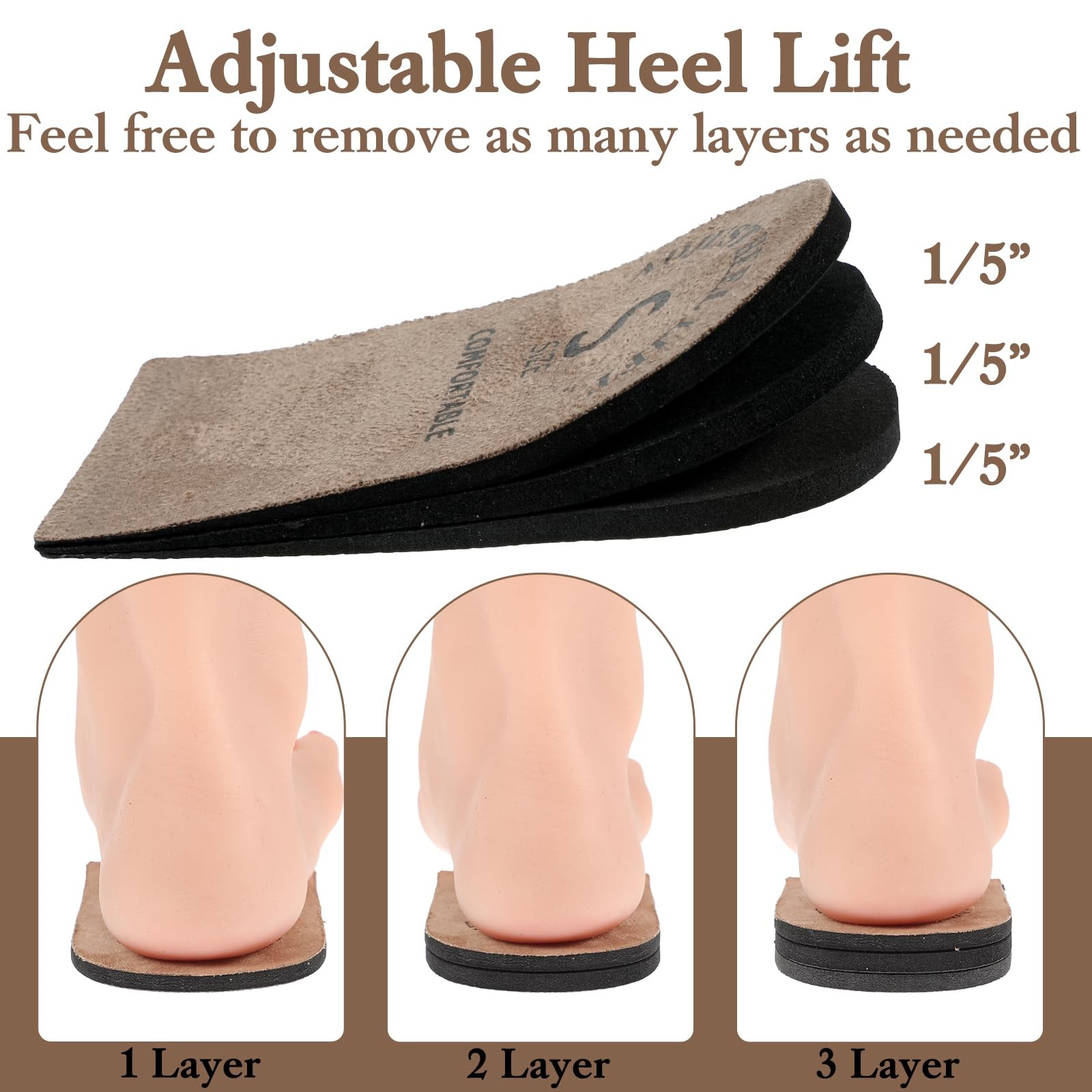 2 Pack Adjustable Heel Lifts, Brown Shoe Inserts (Small), Cushioned Comfort Pads