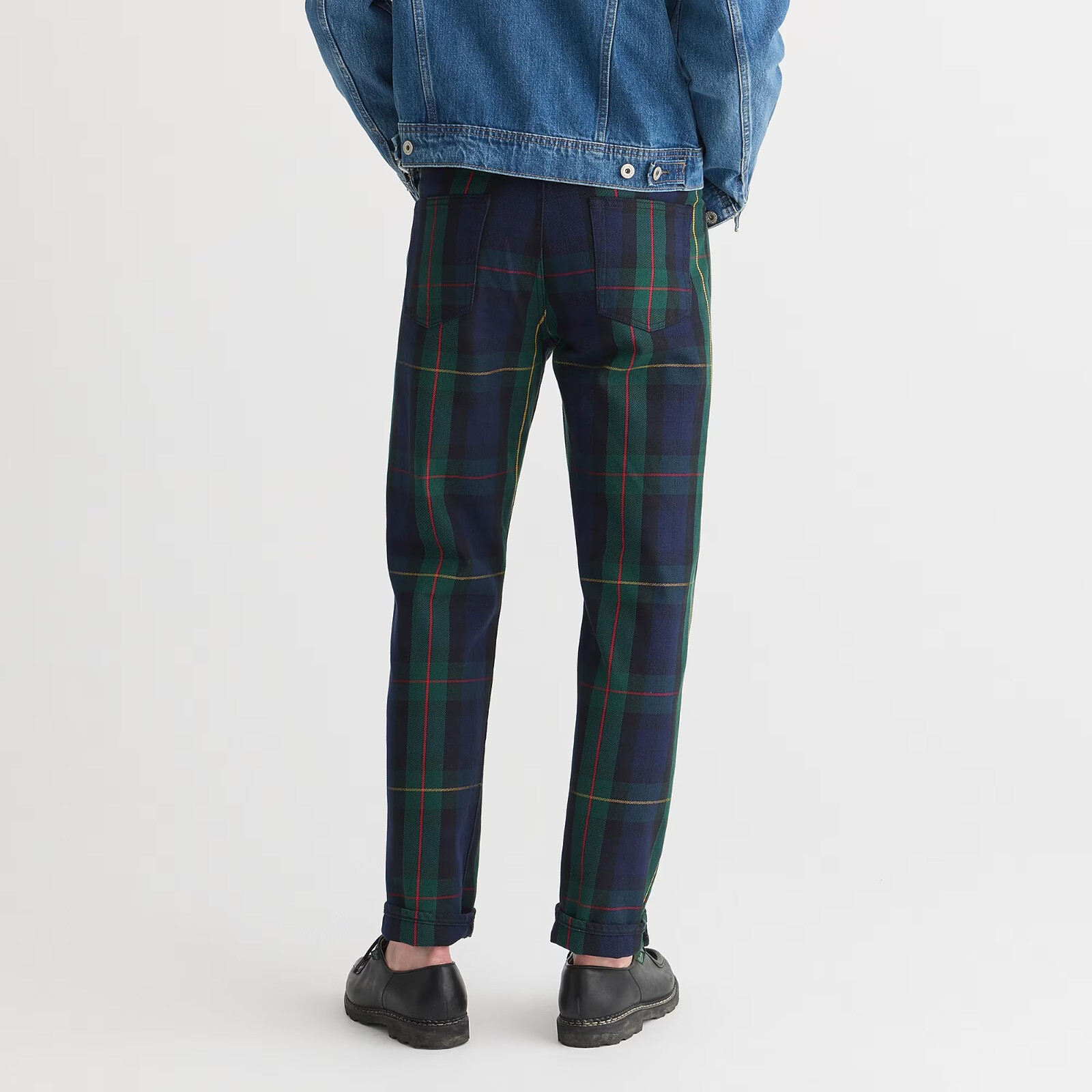 NWT $168 J Crew Five-Pocket Blue Green Tartan Plaid Denim Pants, Straight Jeans