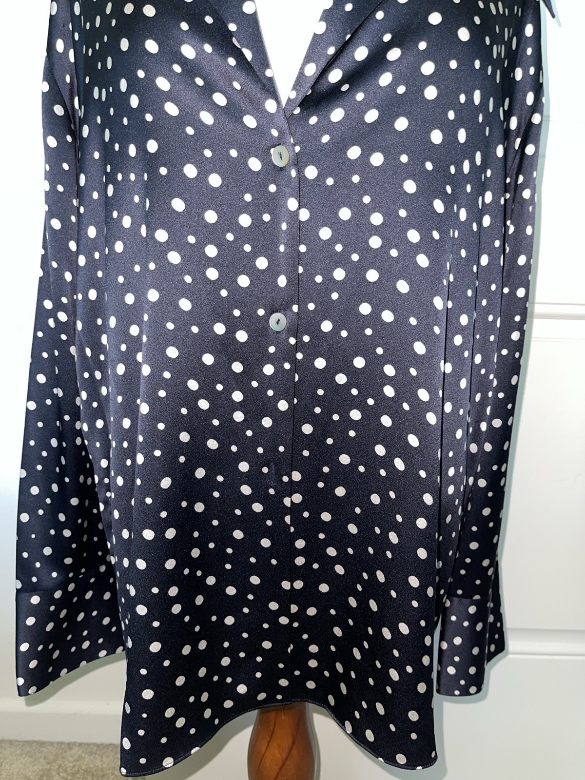 VINCE Camp Collar 100% Silk Deep Marine/Navy Blue Polka Dot Blouse 2X