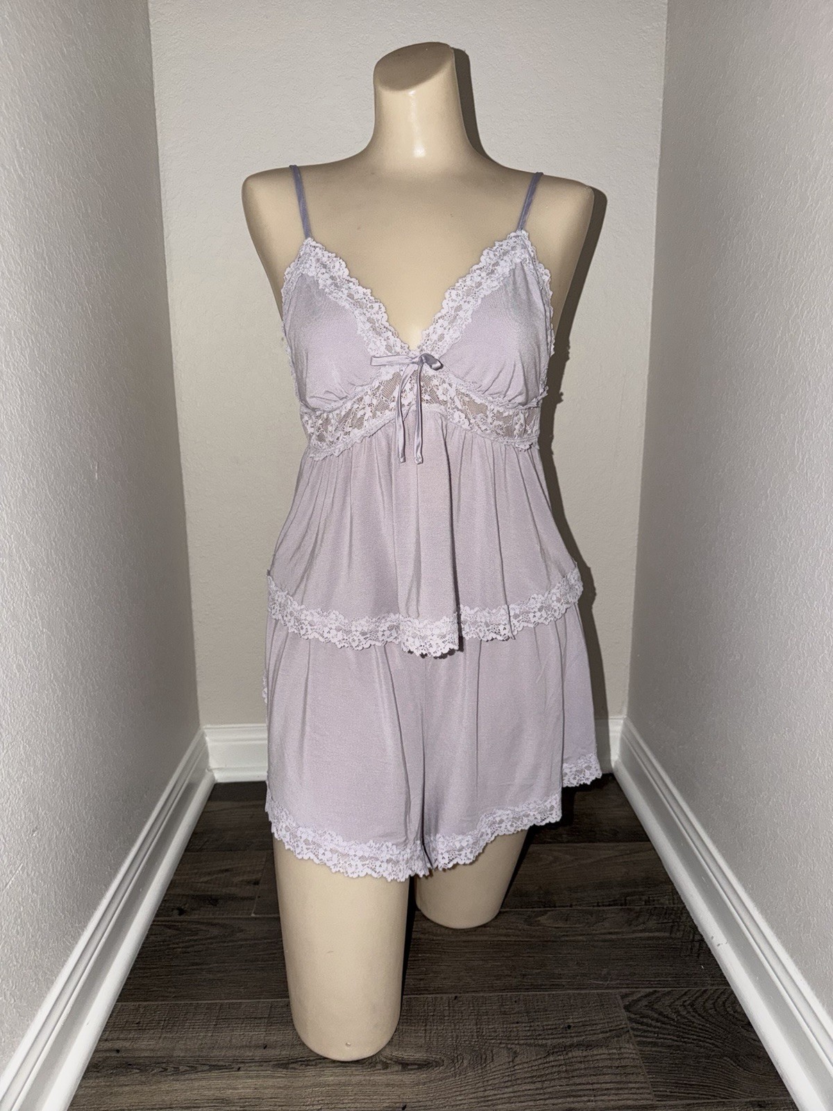 Victoria’s Secret Purple Lace Trim Babydoll Pajama Set V-Neck L Adjustable