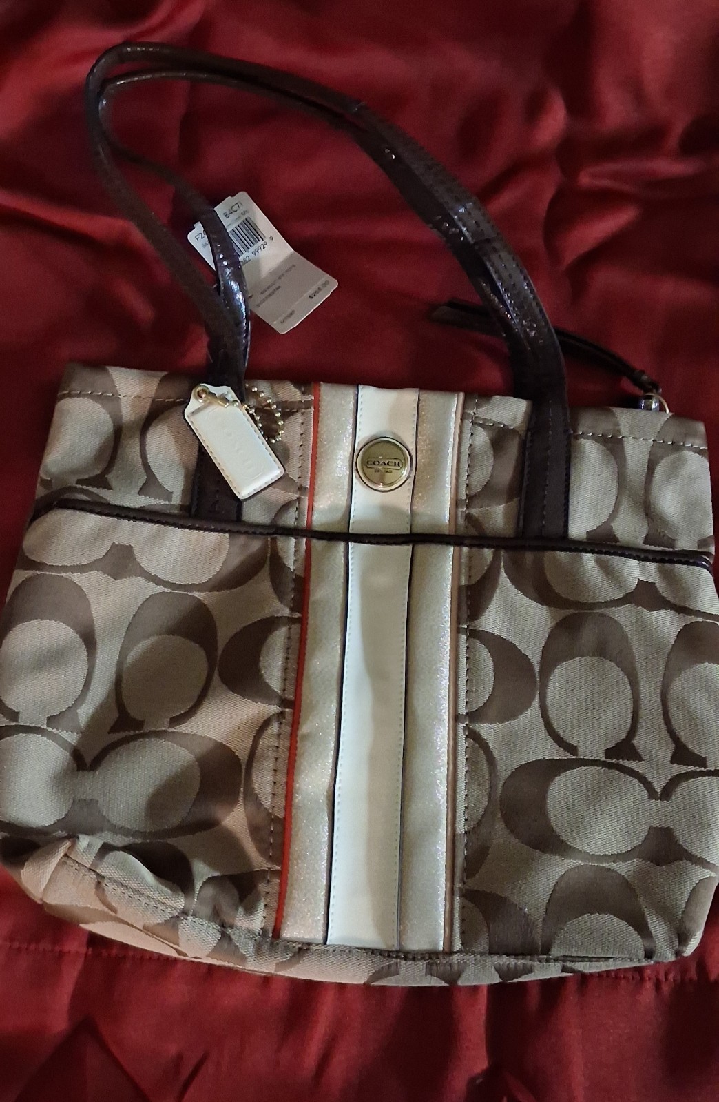 NEW COACH F24666 SIGNATURE MULTI STRIPE TOTE KHAKI/VERMILLION MULTICOLOR-NWT