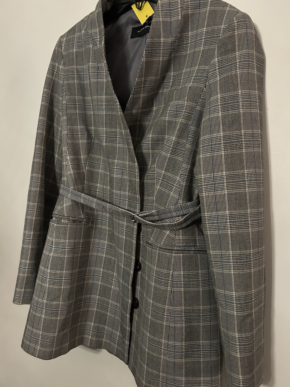 Karen Millen Grey Blue Check Plaid Tailored Collarless Belted Blazer w/Belt Sz 2