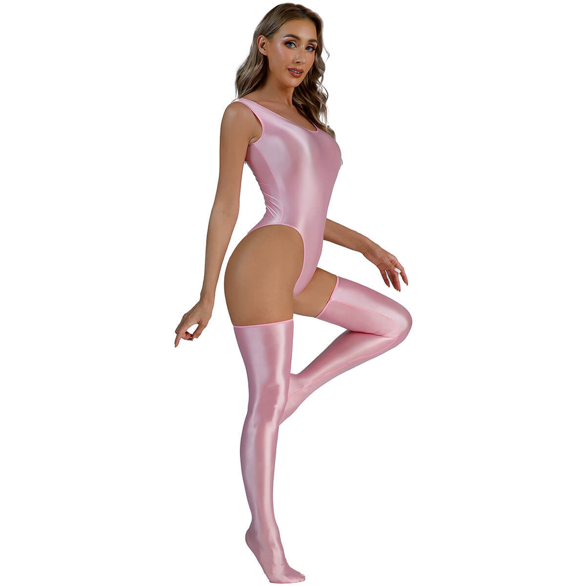 Women’s Shiny Satin Romper Lingerie Bodysuit Tank Top Leotard Stockings Clubwear