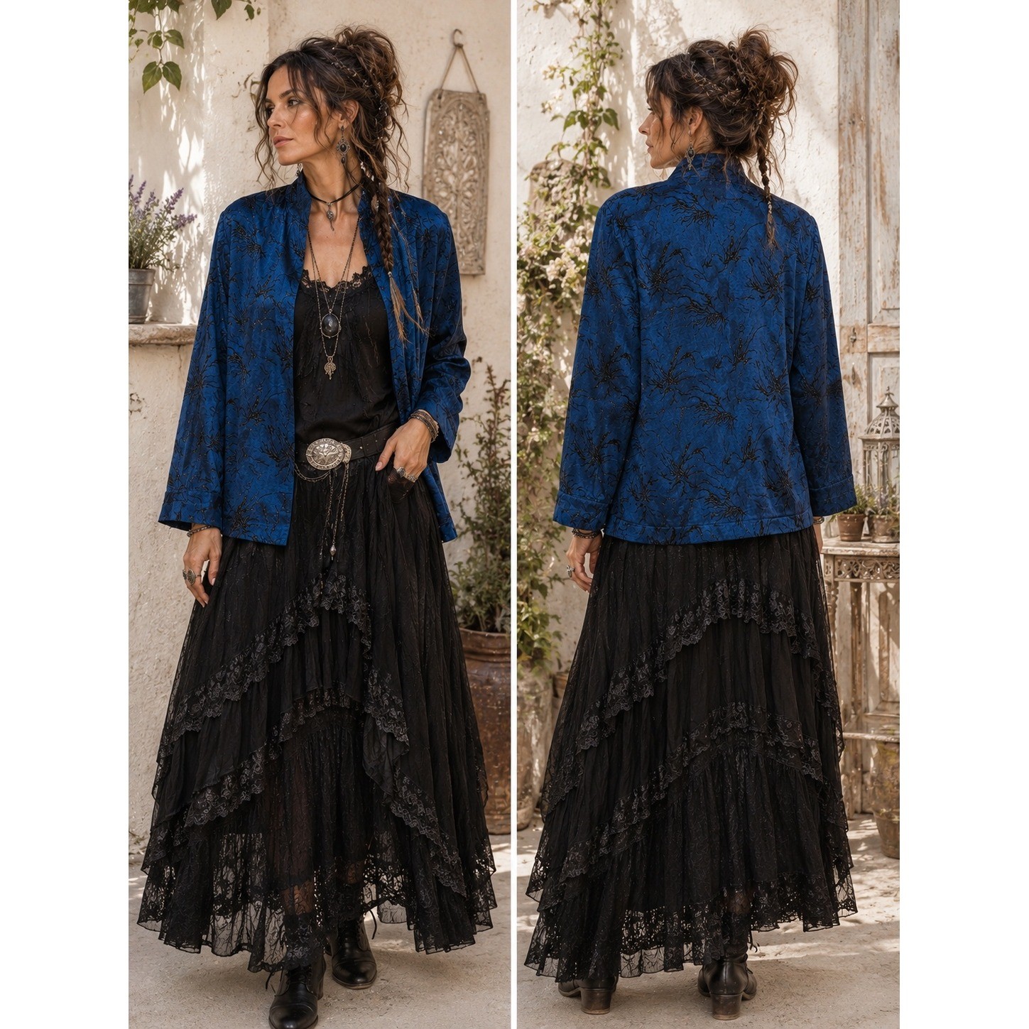 Whimsigoth Asian Y2K BlueBlack Metallic Flocked Floral Mandarin Collar L Jacket