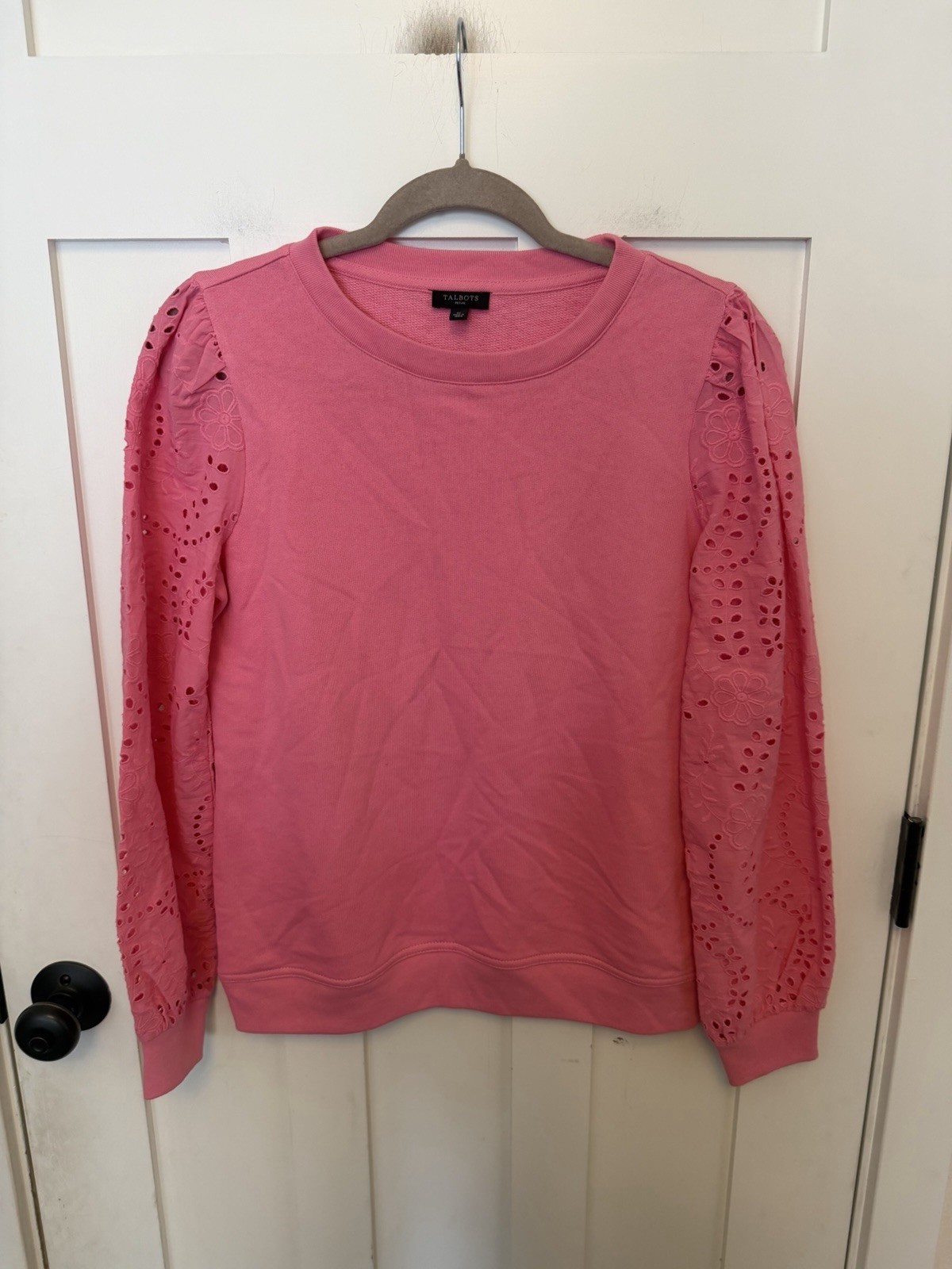 Talbots EYELET SLEEVE CREWNECK SWEATSHIRT – AURORA PINK Small Petite 100% COTTON