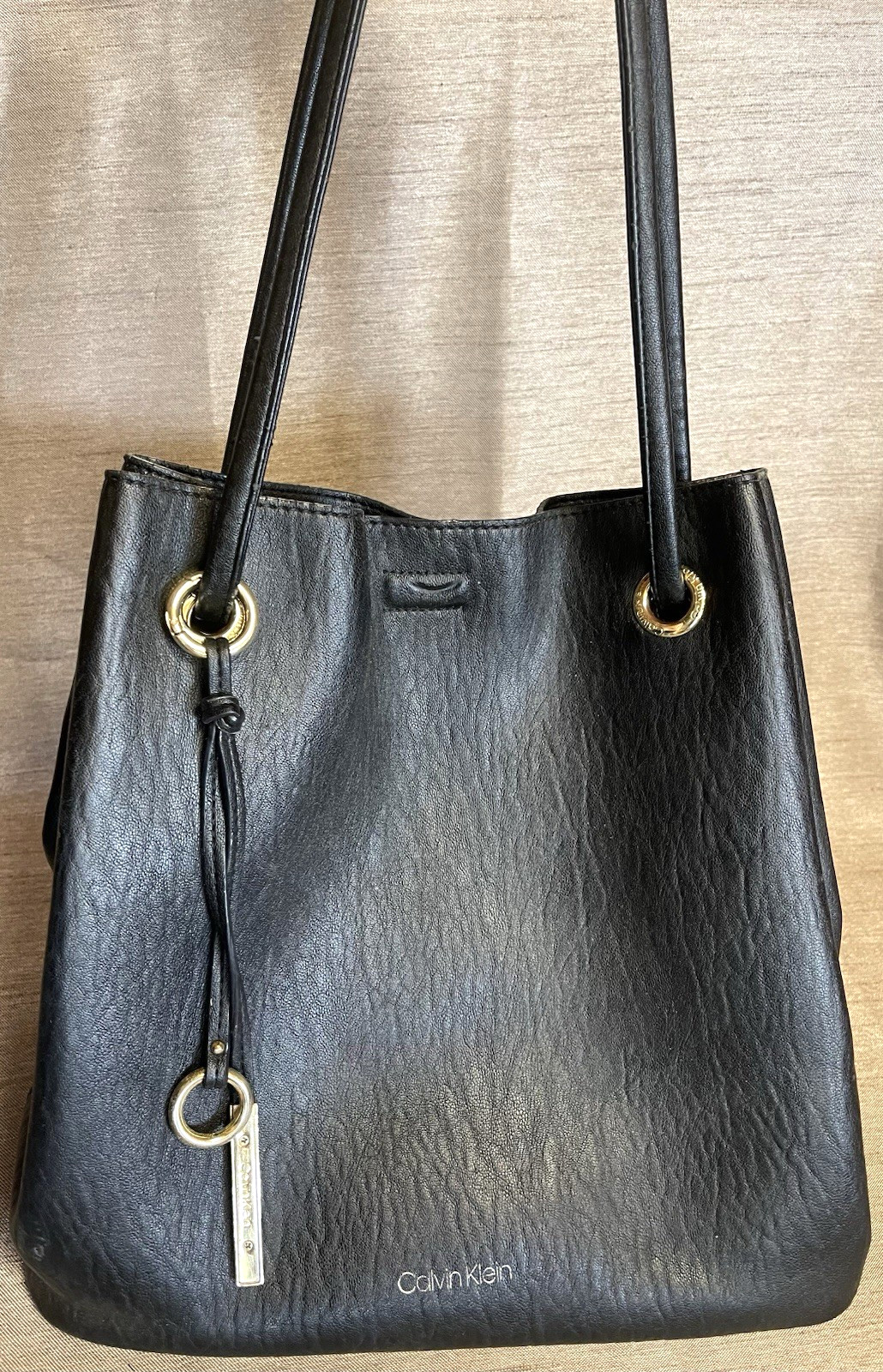 CALVIN KLEIN GABRIANNA Black Faux Leather Shoulder Tote Bag, Drawstring Grommets