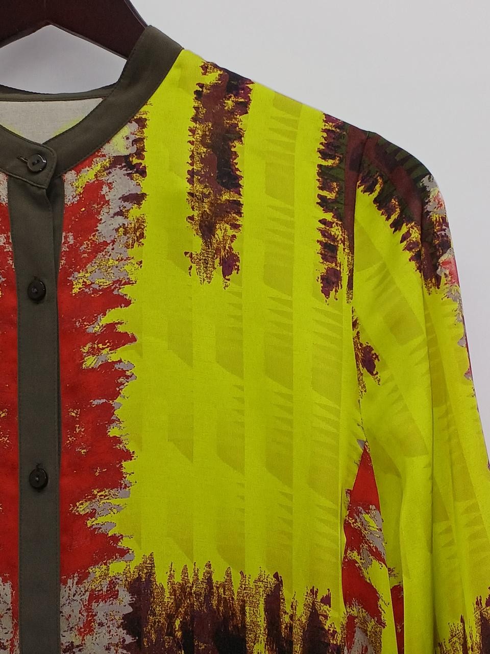 Gradient Check Satin Long Shirt Yellow M 75cm Style Casual Office