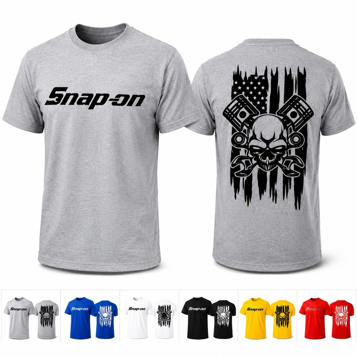Snap-on Mechanic Skull Flag T-Shirt Front & Back Print Cotton Tee S-3XL