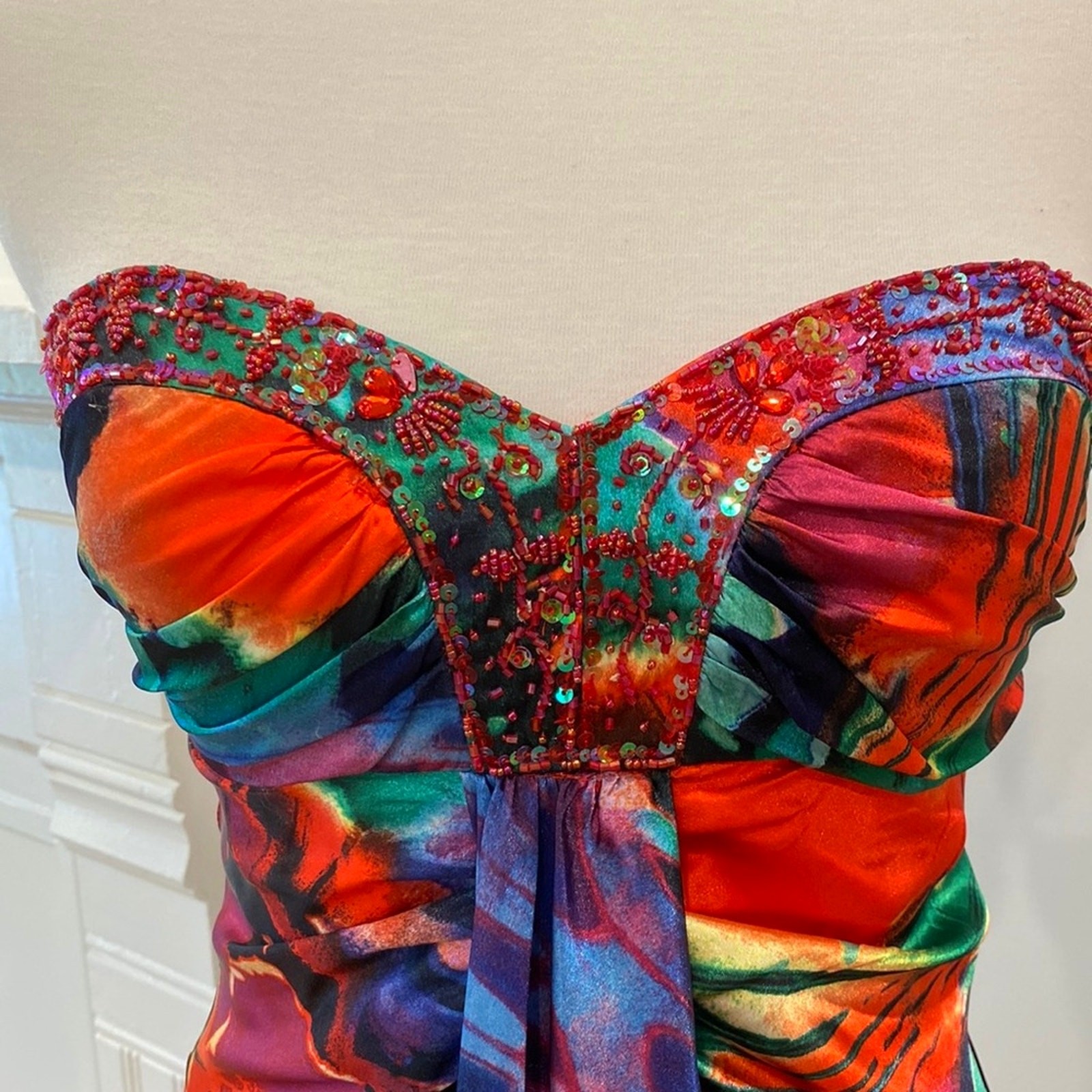 Vintage Formal Dress XS Gown Y2K Strapless Tropical Beaded Vacation Cruise Prom