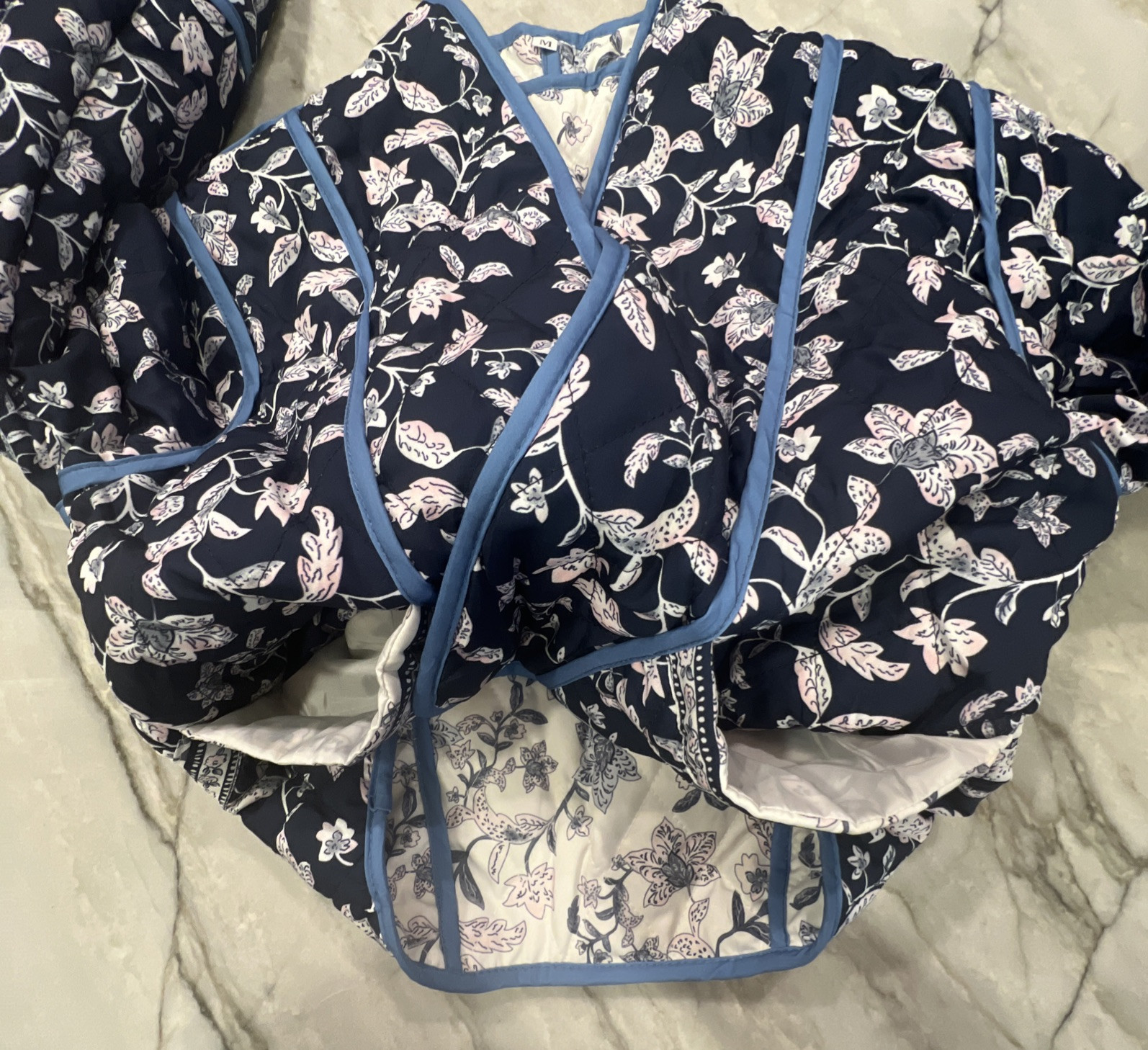 Reversible Quilted Jacket Cropped Sz MED* Navy Blue Floral Ivory/Pink