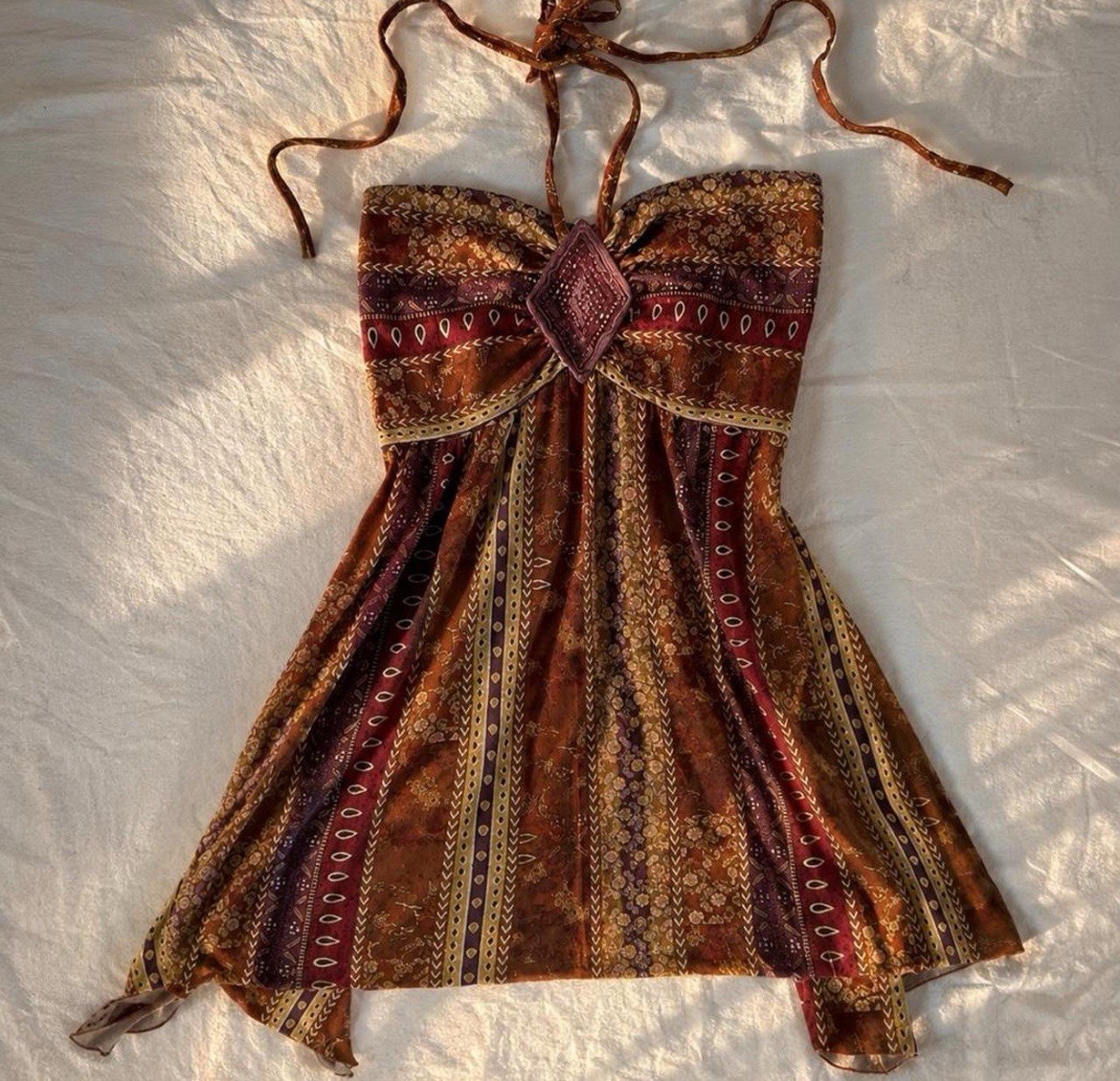 Women’s Halter Tie Top Beaded Geometric Print Sleeveless Brown Burgundy
