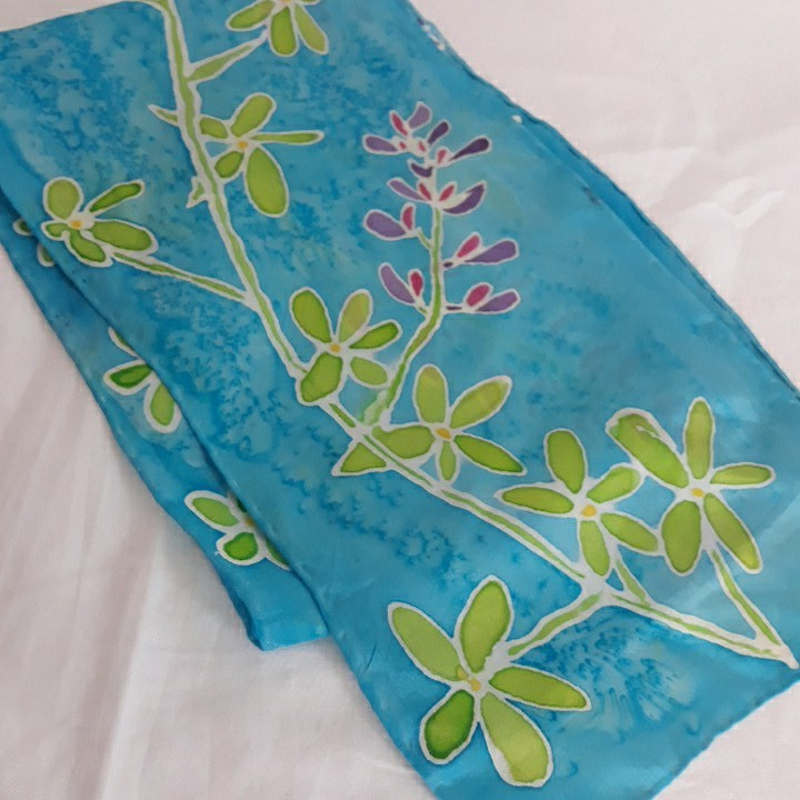 Hand Painted Batik Long Silk Scarf Turquoise Blue Floral 8×54 Rolled Hem