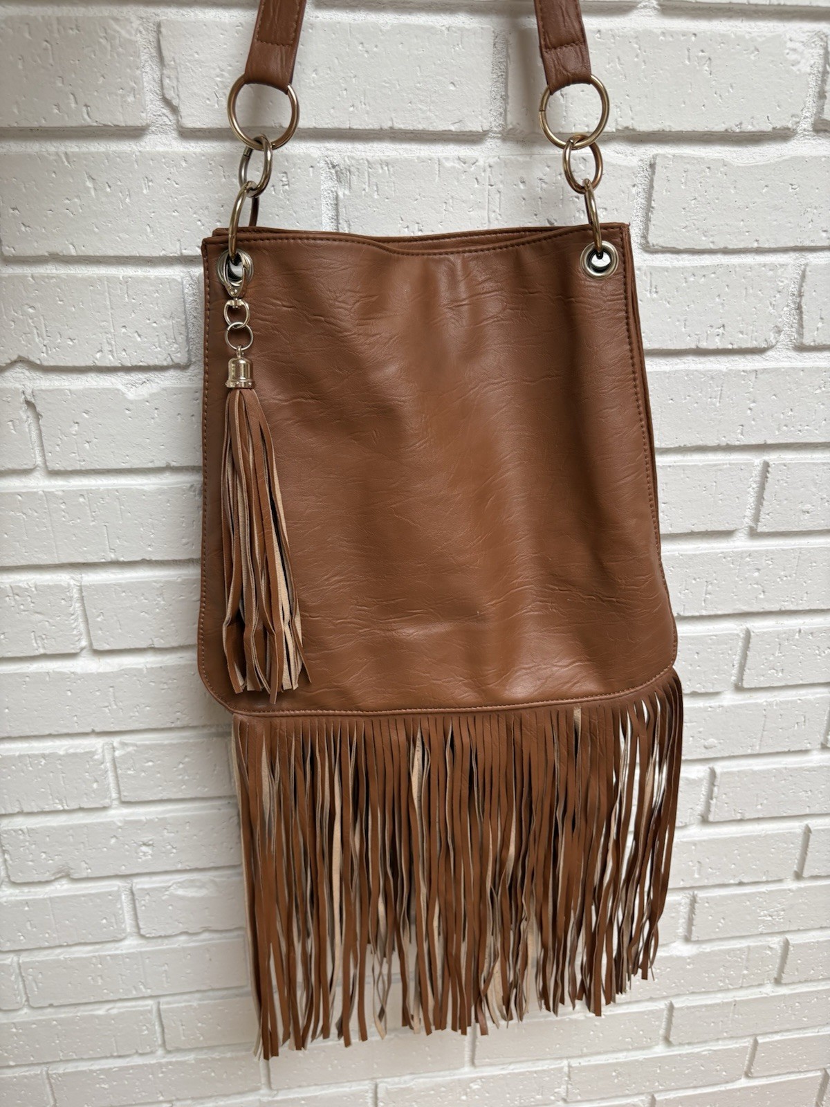 Imoshion Brown Fringe Studded Shoulder Bag Floral Lined, Zip/Snap, Pockets