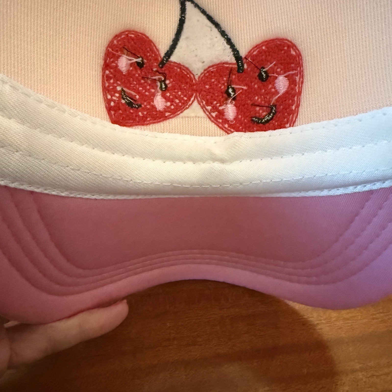 Cherry Heart Snapback Trucker Hat Pink One Size Adjustable Embroidered Mesh Back