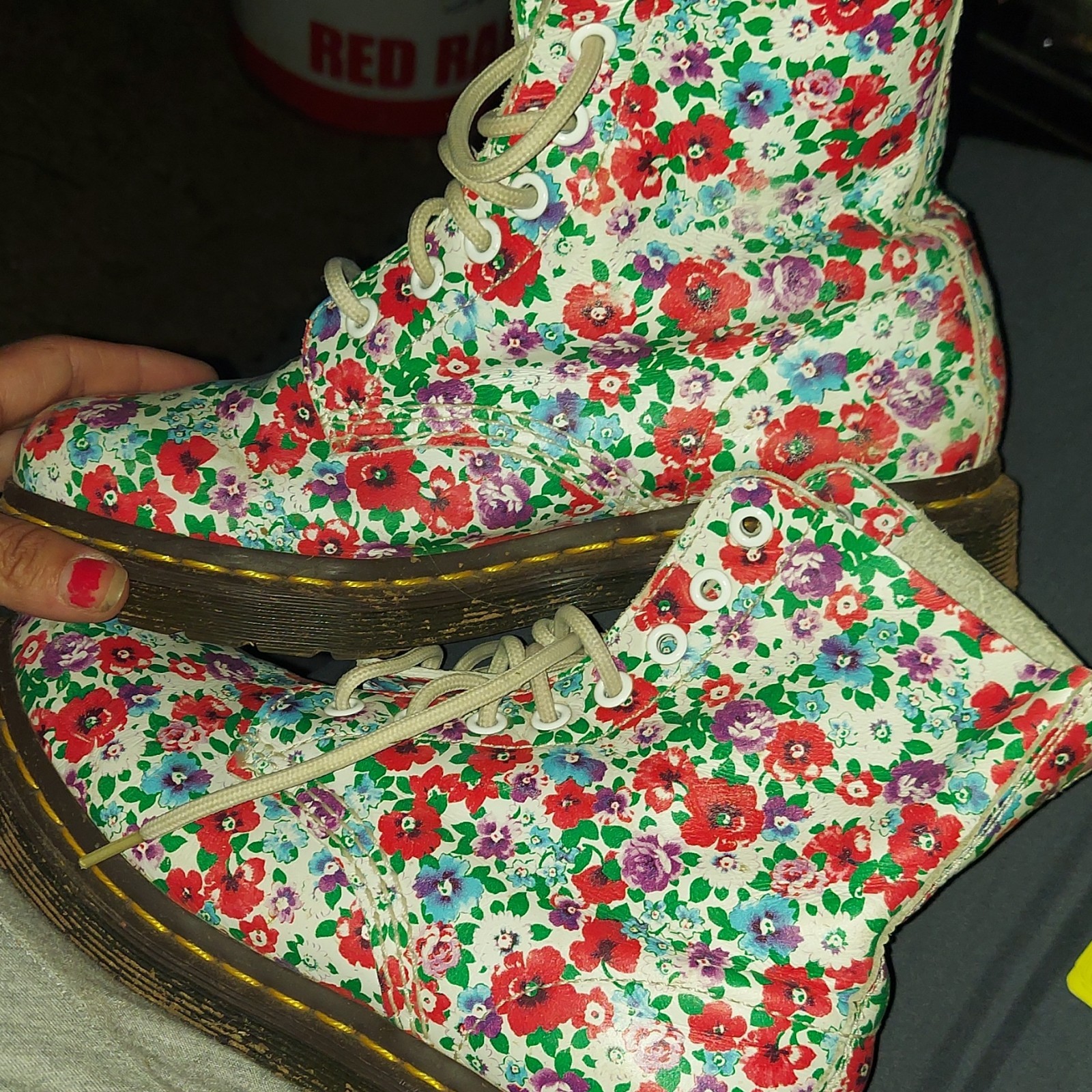 Dr. Martens Pascal Floral Leather Combat Ankle Boots Round Toe Lace Up US 6