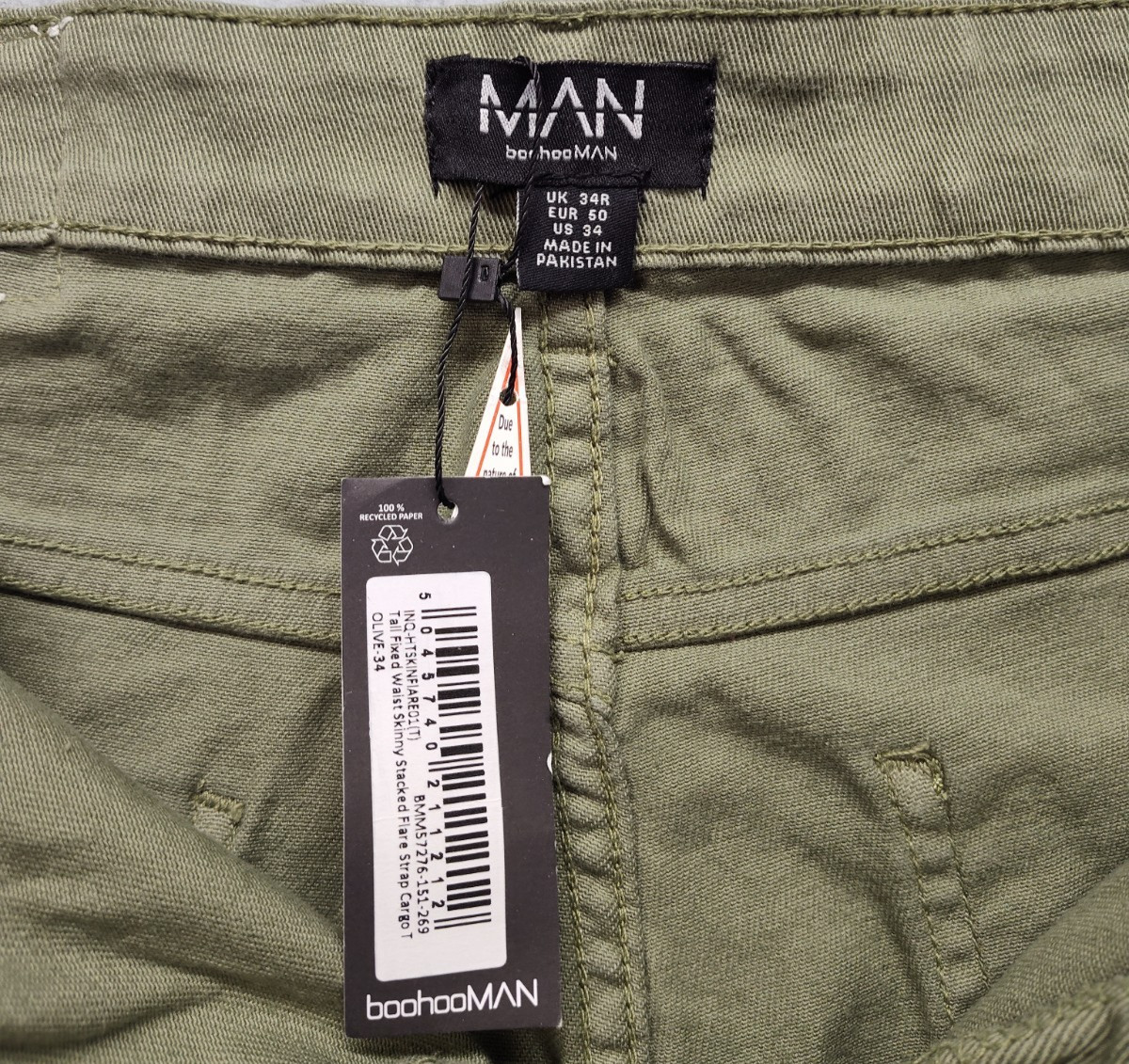 Boohooman Men Cargo Pant 34 Olive Green Utility Workwear Strappy Buckle Pockets