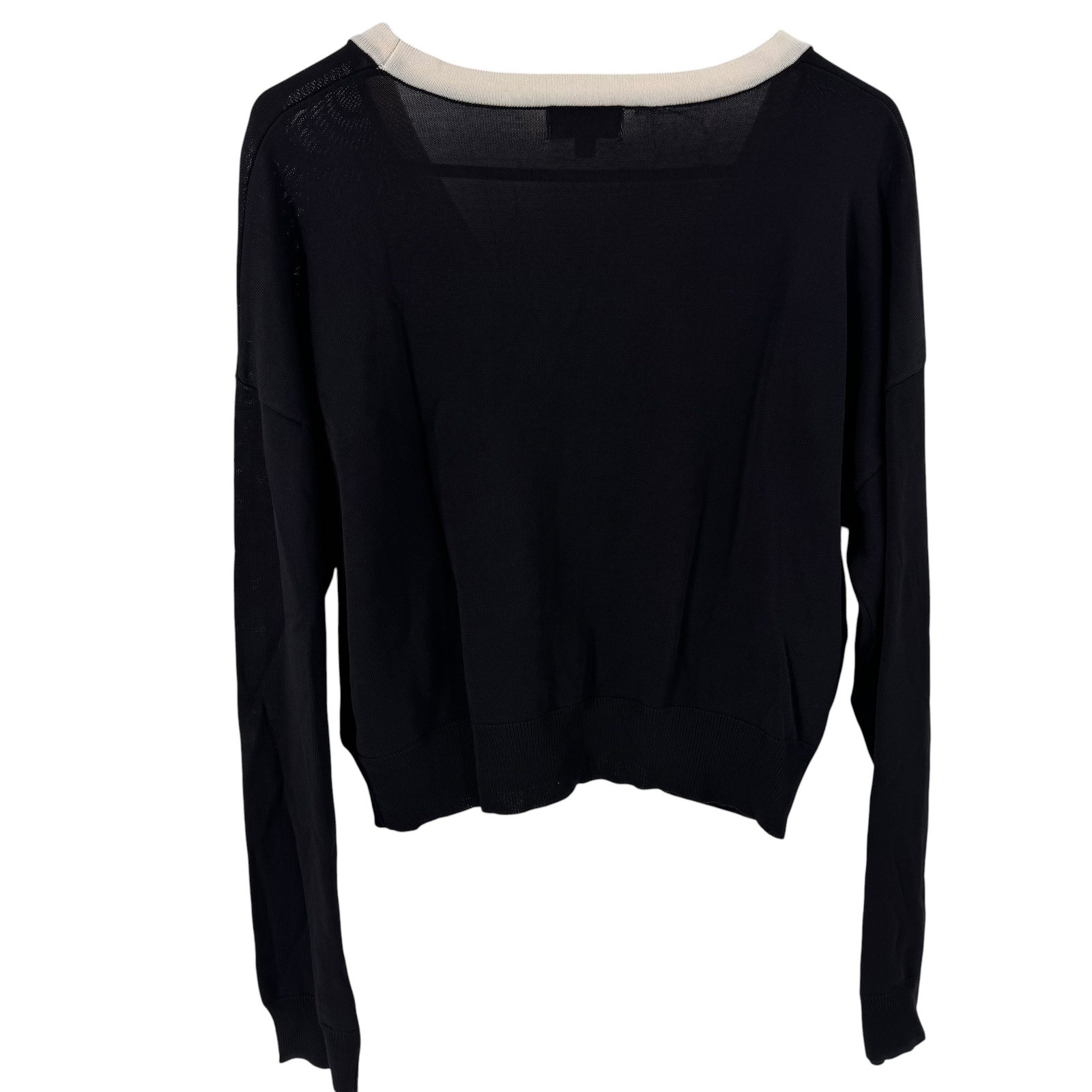 Elan Womens Black Ivory Contrast Trim V-Neck Button Cardigan Sweater Medium