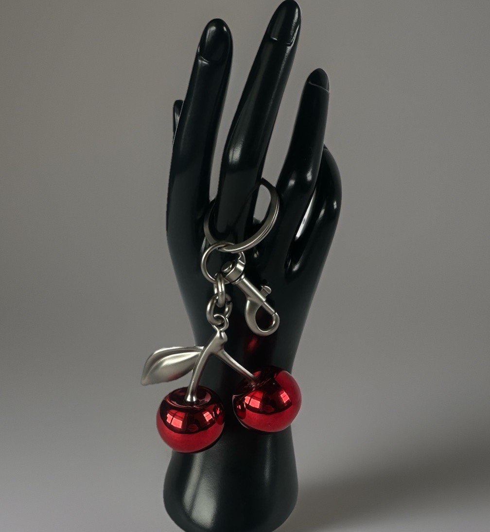 Mirrored Red Double Cherry Bag Charm | SILVER Keychain + Premium Velvet Dust Bag