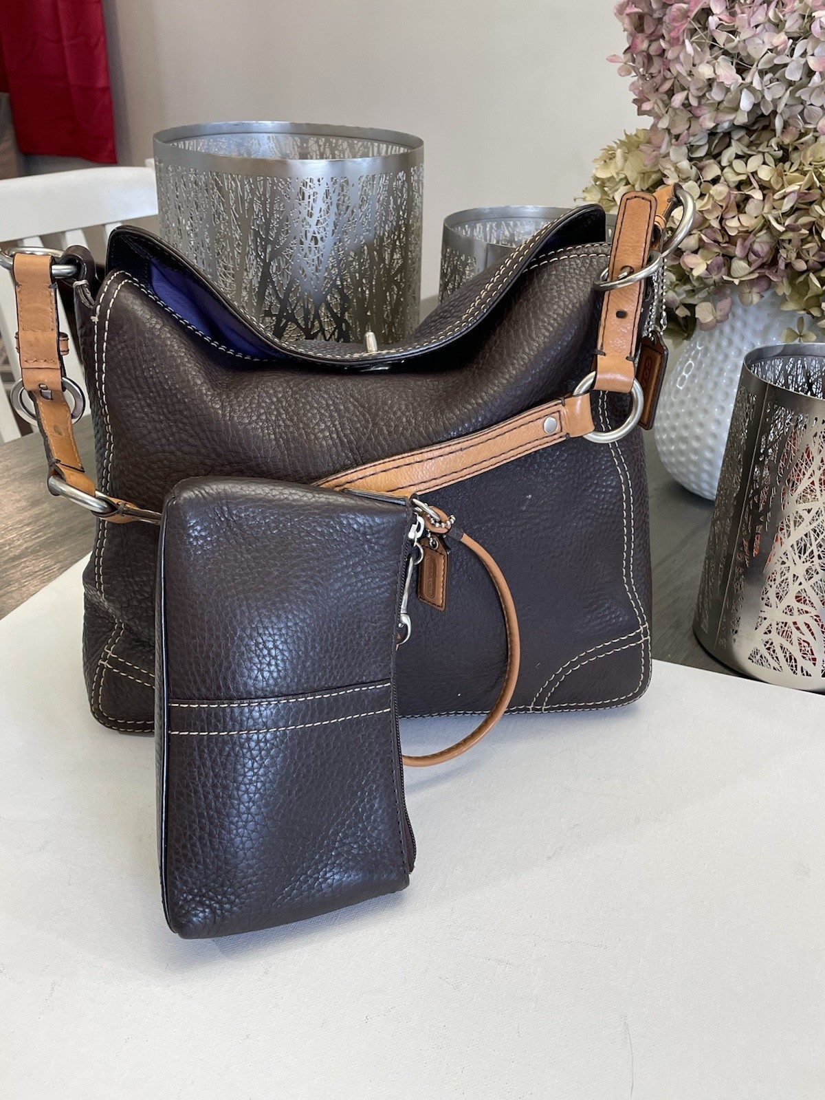 Coach Luxe Dark Brown Pebbled Leather Shoulder Bag Tote Purse w/ Wristlet Set