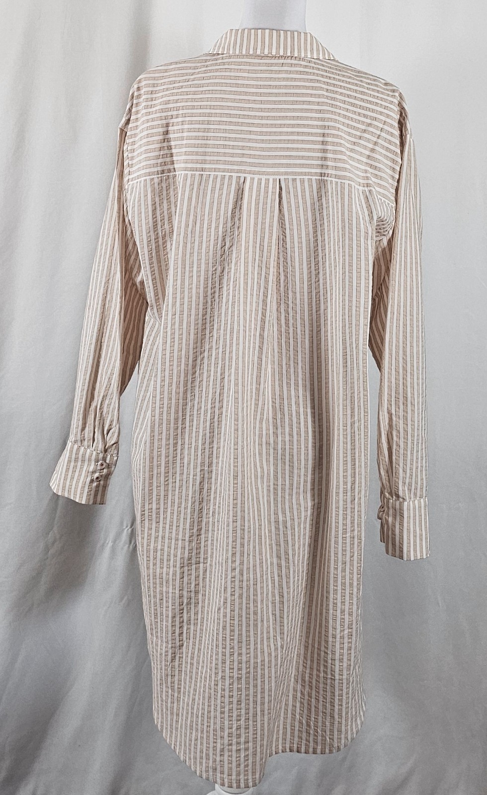 Anthropologie Womens Button Down Long Shirt Tan White Red Stripes Size Large