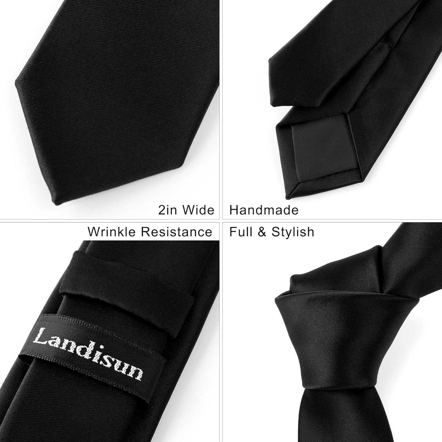 Landisun Black Tie Men Women Solid Skinny Ties Slim Satin