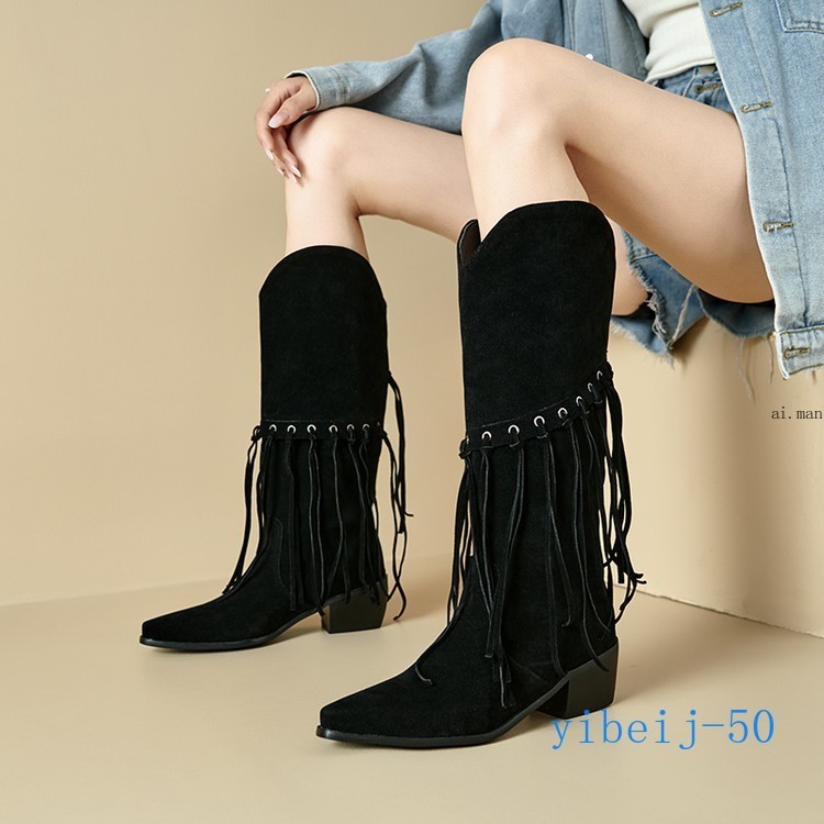 Women Tassel Mid Calf Boot Velvet Western Cowgirl Shoes Dress Formal Fall Winter